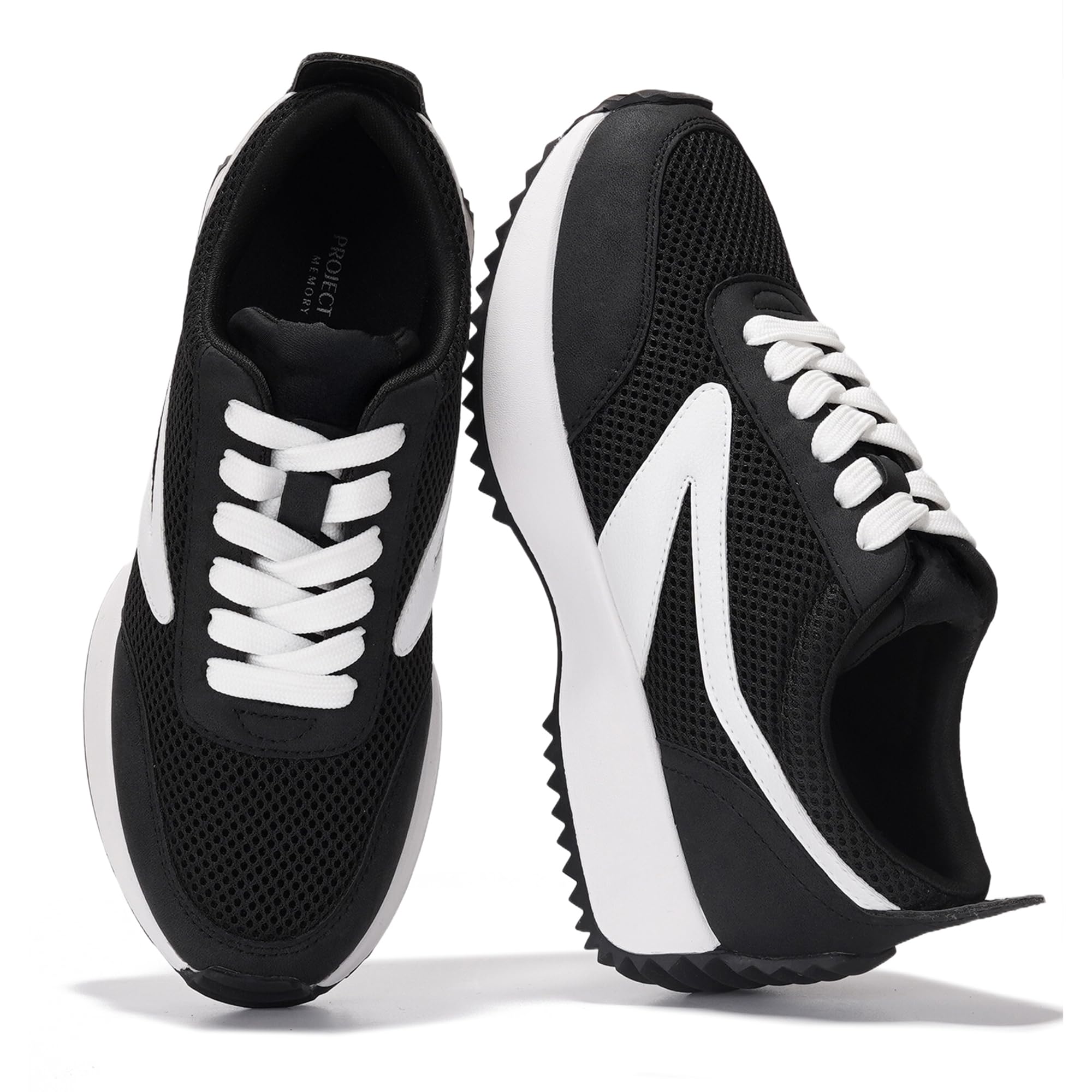 Project Cloud Serena black sneakers with memory foam, lace-up, non-slip sole. Mesh design.