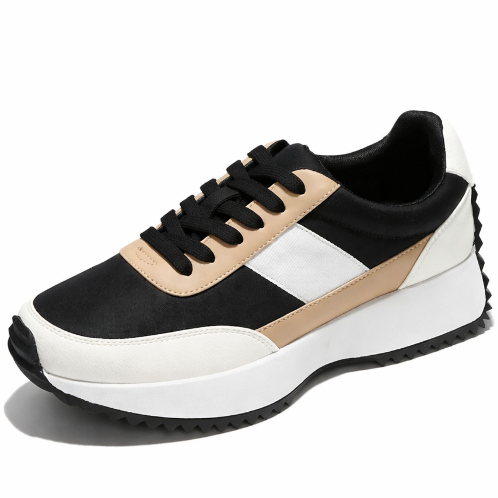 Project Cloud Serena women's sneaker, black, white, and tan colorway, lace-up design, non-slip sole, memory foam.