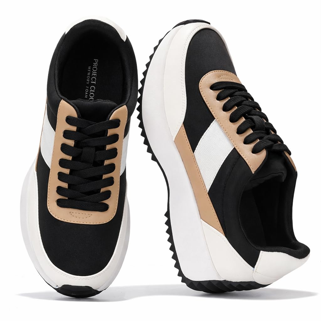 Project Cloud Serena women's sneakers: black, white, tan colorway, memory foam, non-slip sole. Lace-up design.