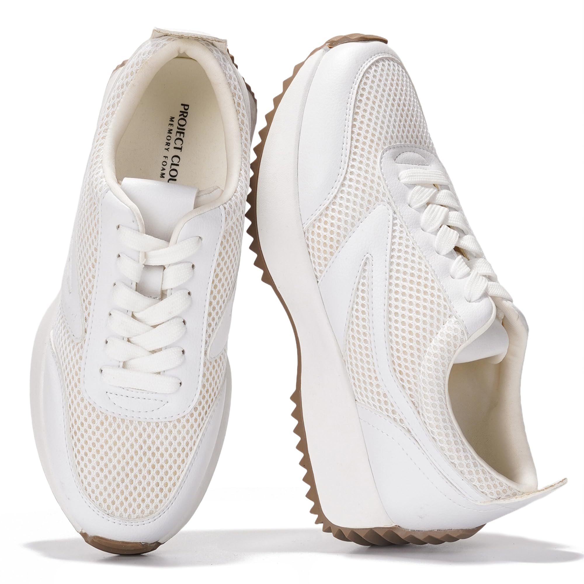 White Project Cloud Serena women's sneakers, mesh upper, memory foam, non-slip sole, lace-up design.