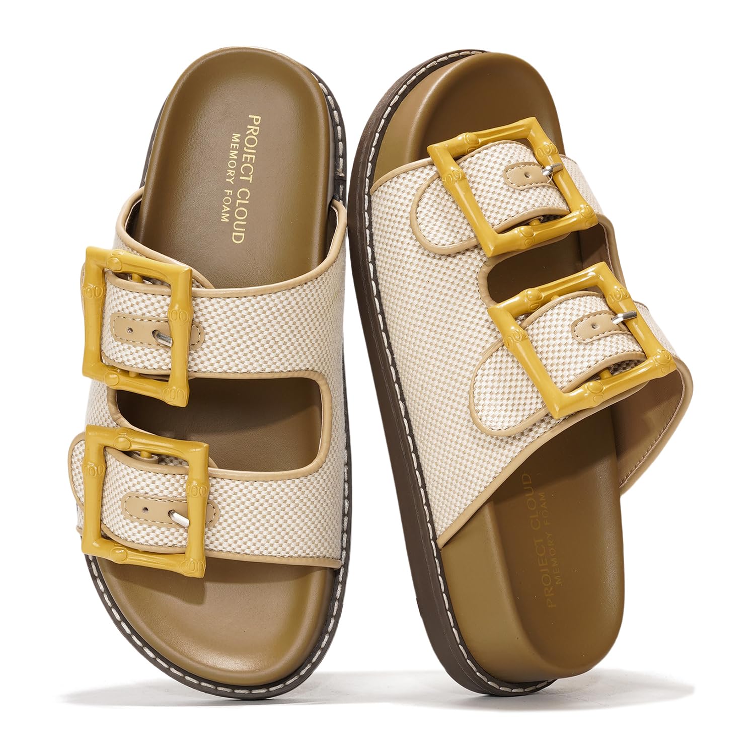 Project Cloud Sharl slides: Beige woven platform sandals with yellow buckle. Memory foam insole for comfortable summer wear.