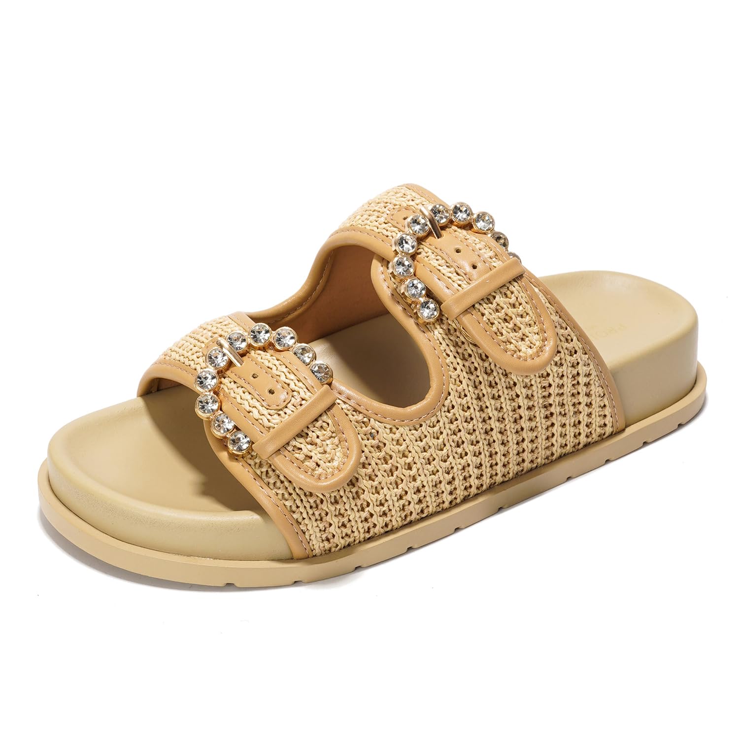 Sharl Slides: Beige woven platform sandals with rhinestone buckles. Comfortable summer slides.