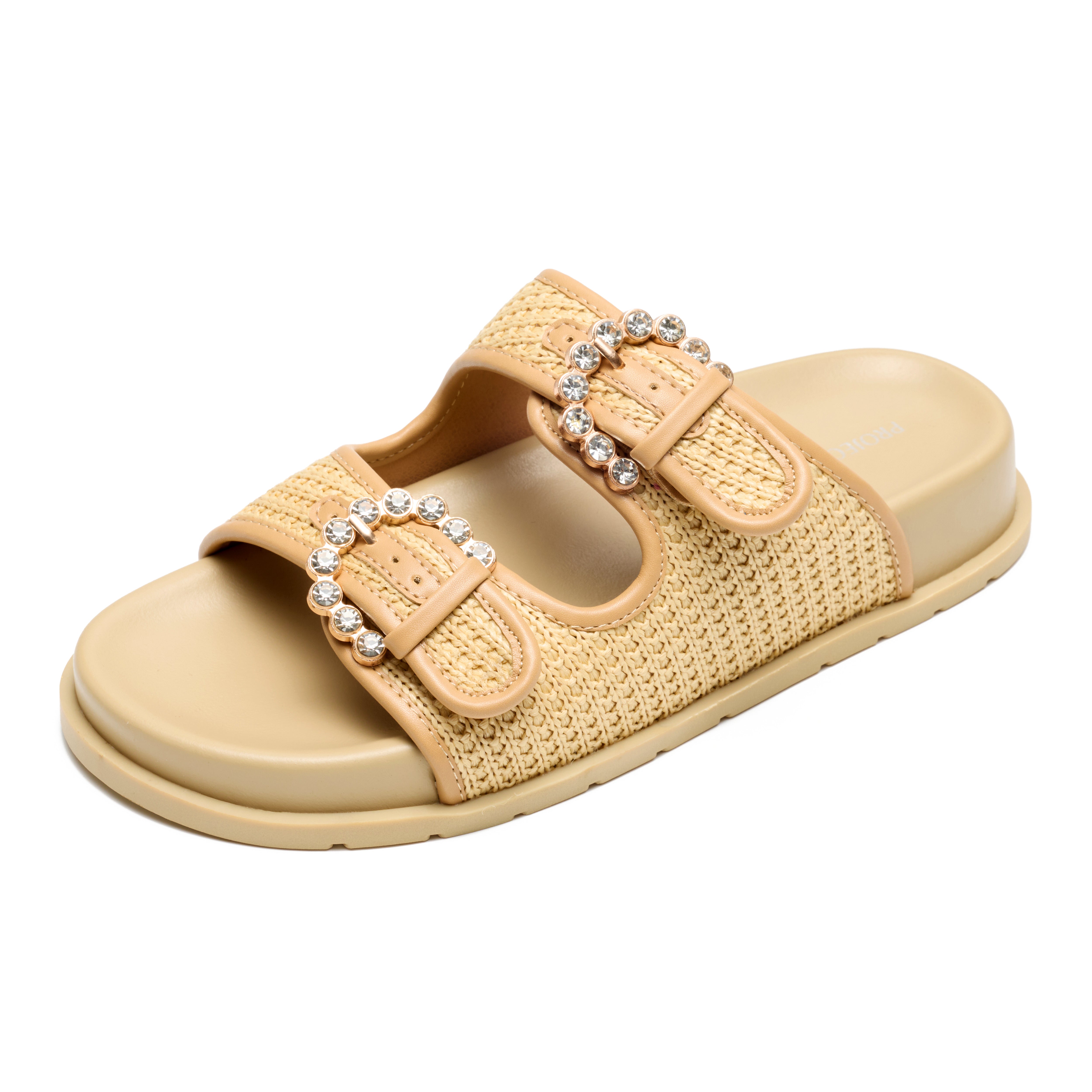 Sharl Slides: Beige woven platform sandals with rhinestone buckles. Comfortable summer slides.