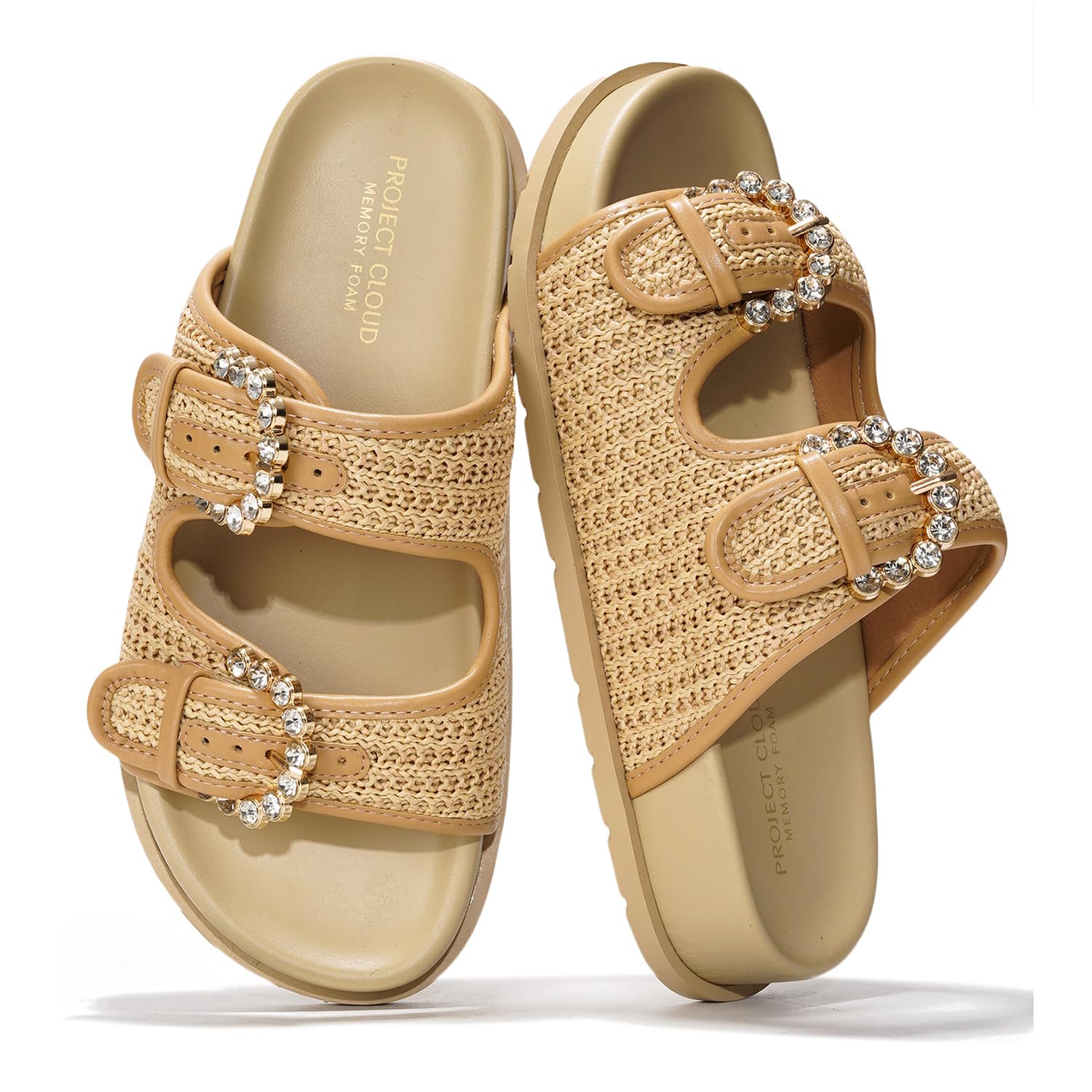 Project Cloud Sharl Slides: Rhinestone Buckles, Memory Foam, Woven Straps, Platform Sandals
