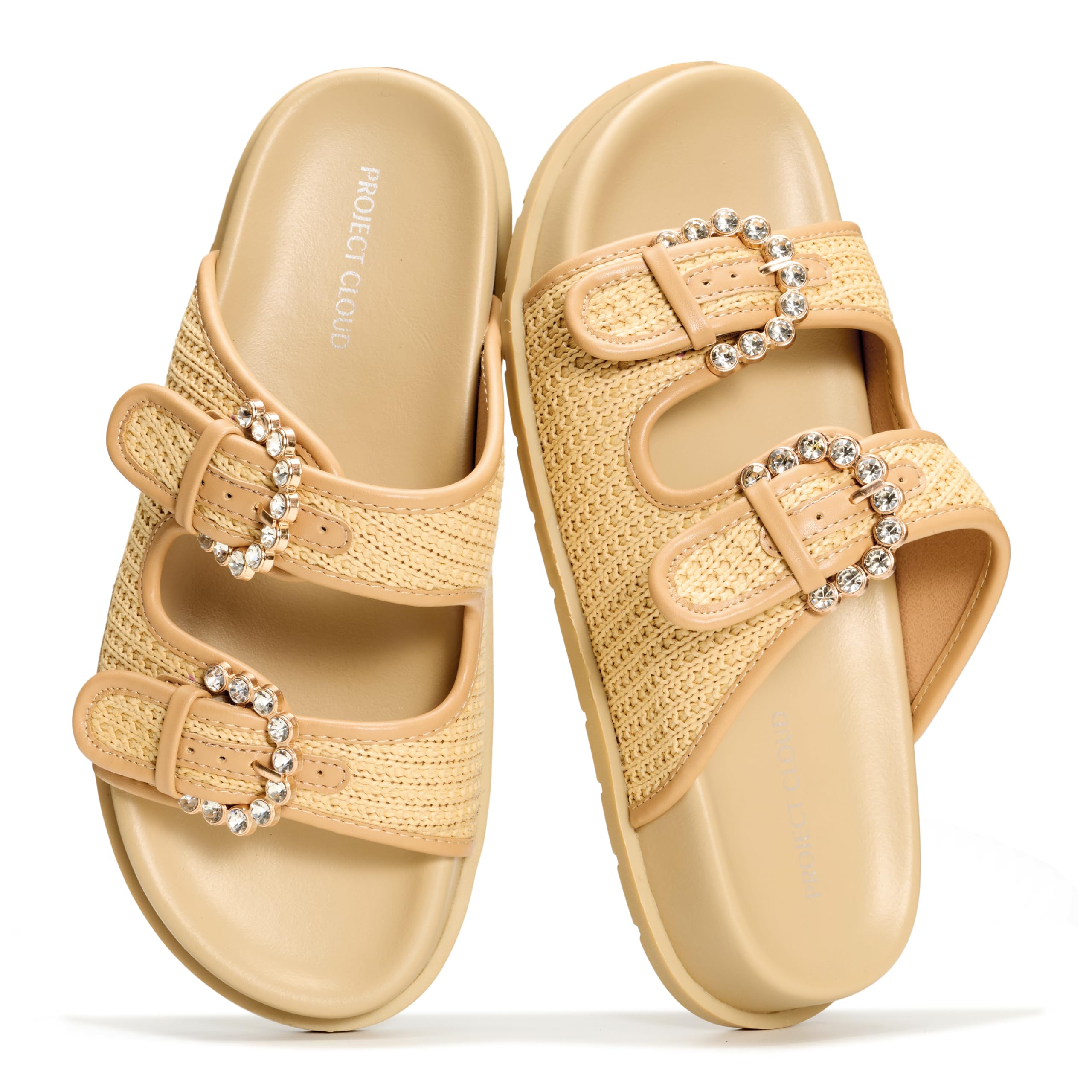 Project Cloud Sharl Slides: Rhinestone Buckles, Memory Foam, Woven Straps, Platform Sandals