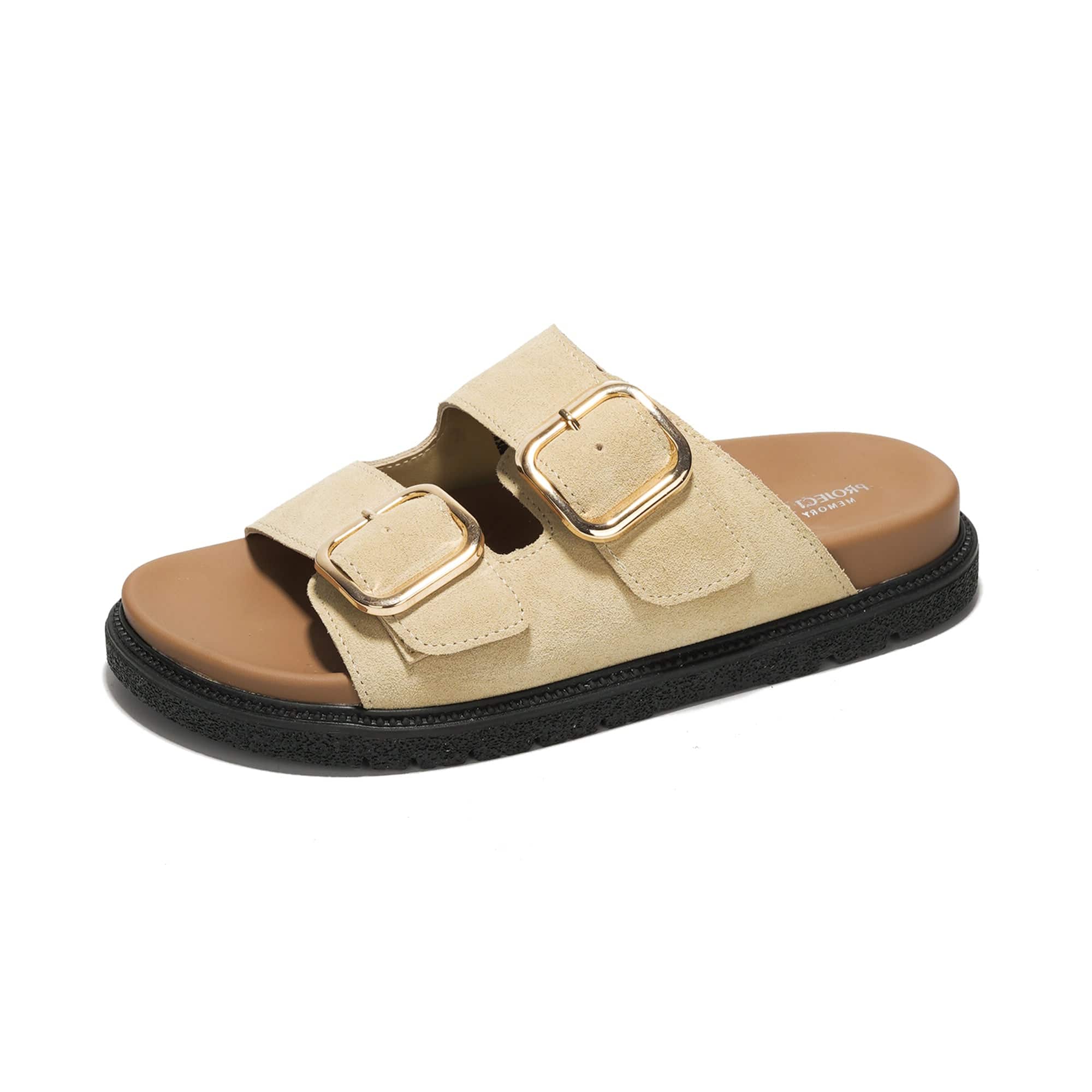 Project Cloud Sharl Slides: Beige suede sandals with gold buckles. Memory foam insole, platform summer slides.