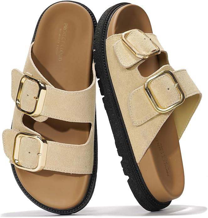 Project Cloud Sharl Slides: Beige suede sandals with gold buckles, memory foam.