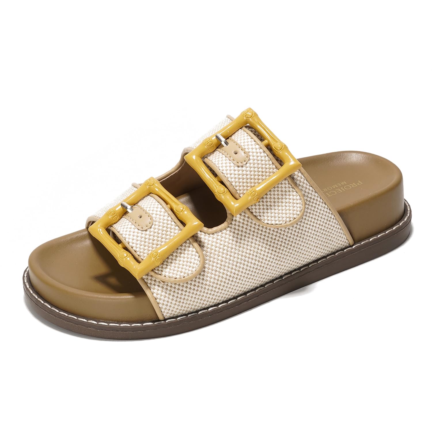 Sharl Slides: Beige woven platform sandals with yellow buckle and memory foam.