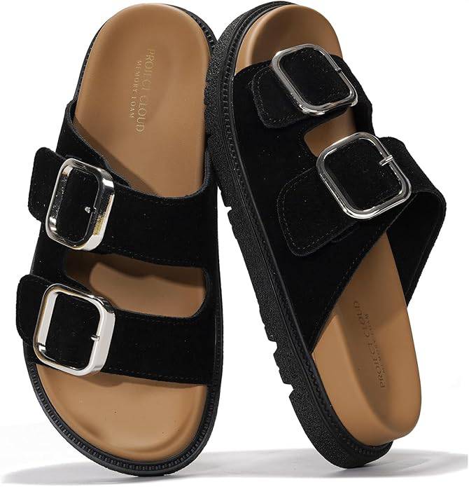 Project Cloud Sharl Black Suede Slides with Gold Buckles, Summer Sandals Memory Foam