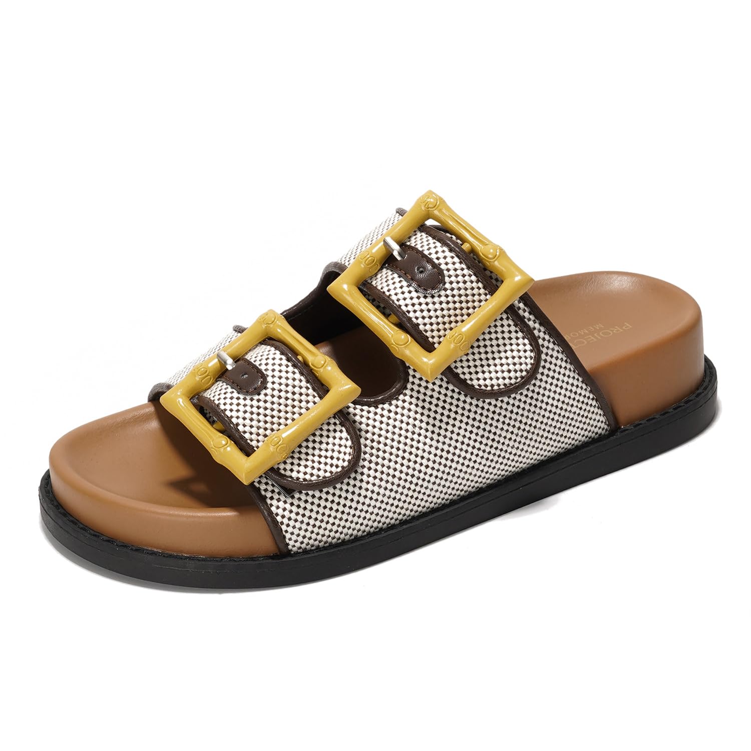 Sharl Beige Woven Platform Slides with Yellow Bamboo Buckles. Comfortable summer sandals with memory foam insole.