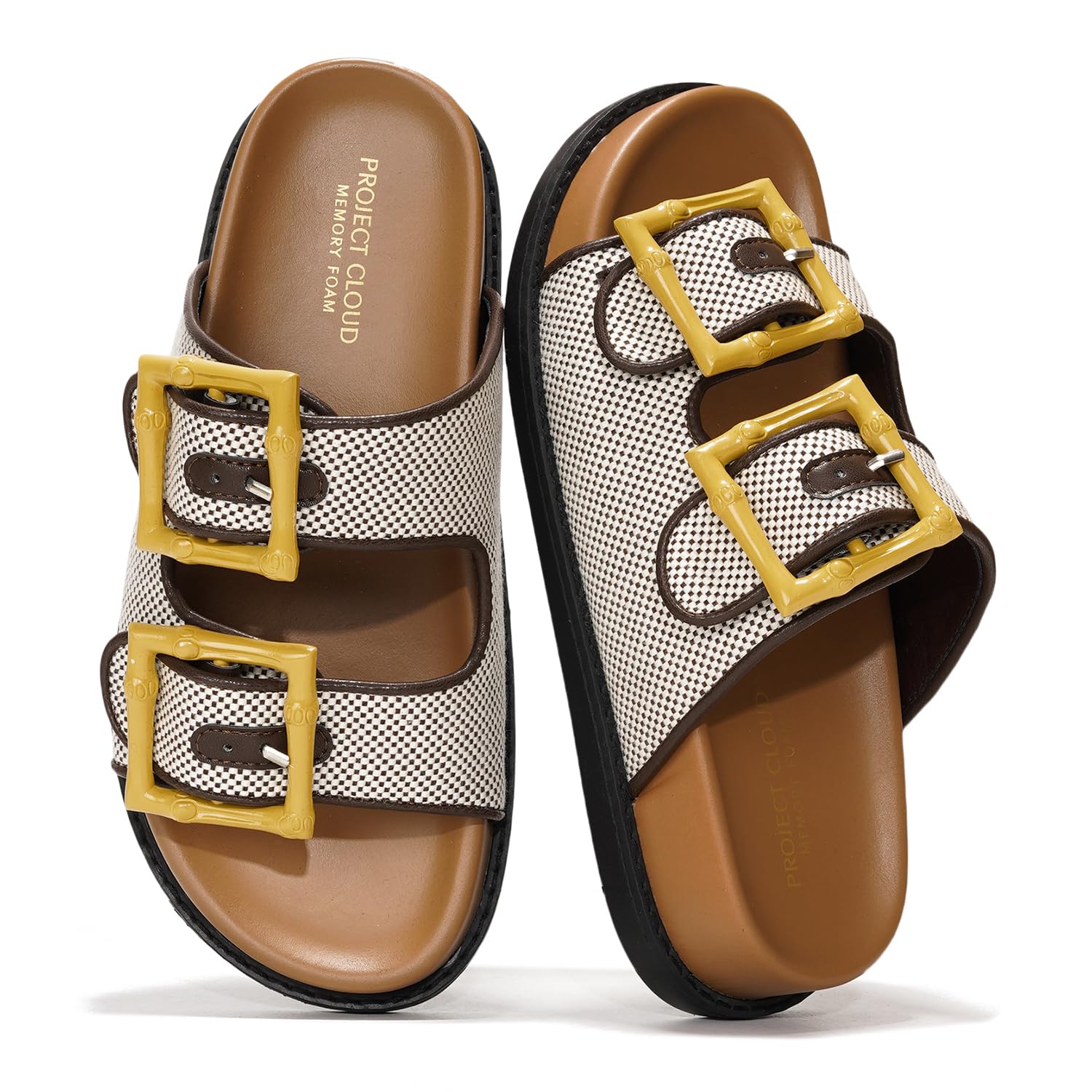 Project Cloud Sharl Slides: Beige woven sandals with yellow bamboo buckles, memory foam insole.