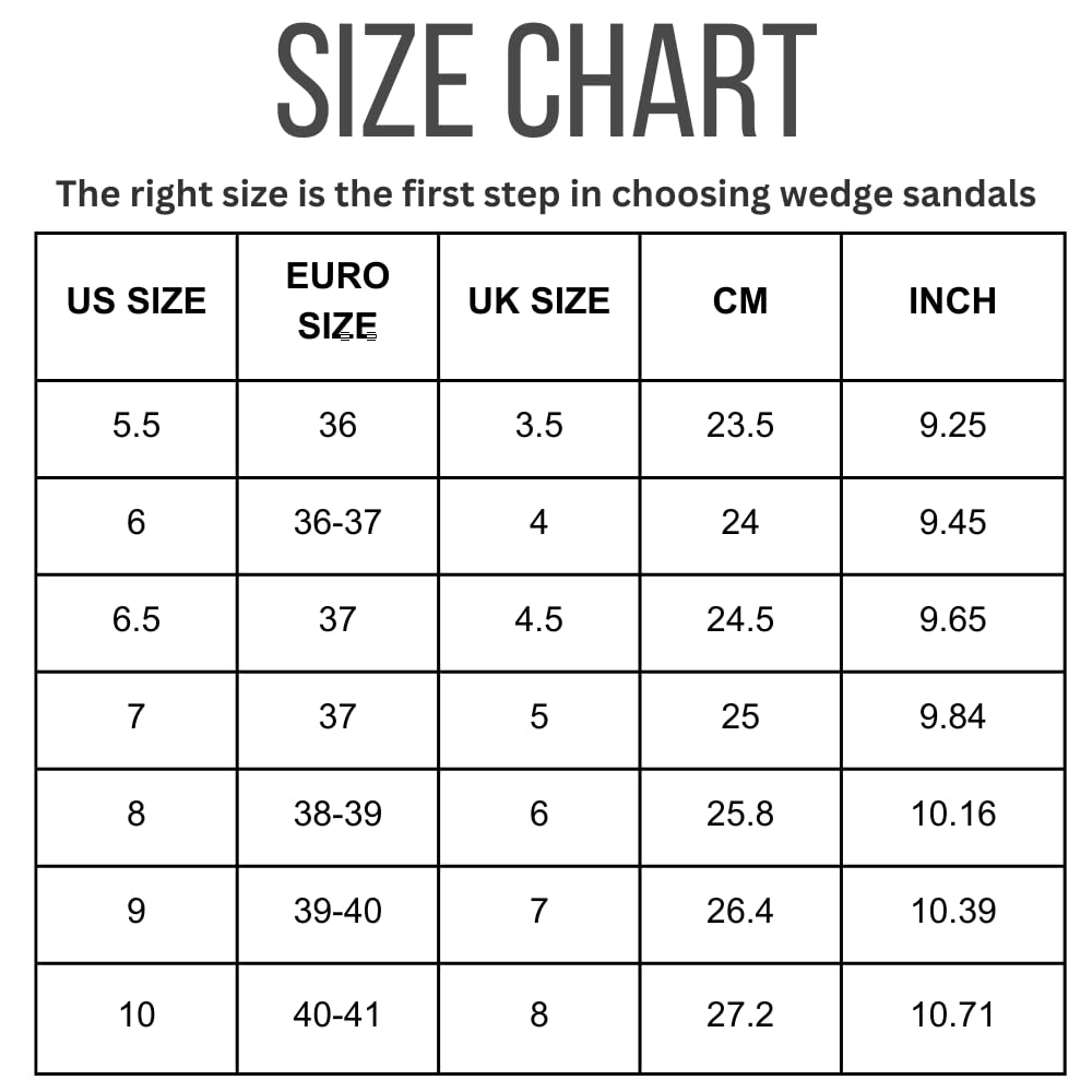 Sharl platform slides size chart: US, Euro, UK sizes with CM and inch measurements for women's sandals.