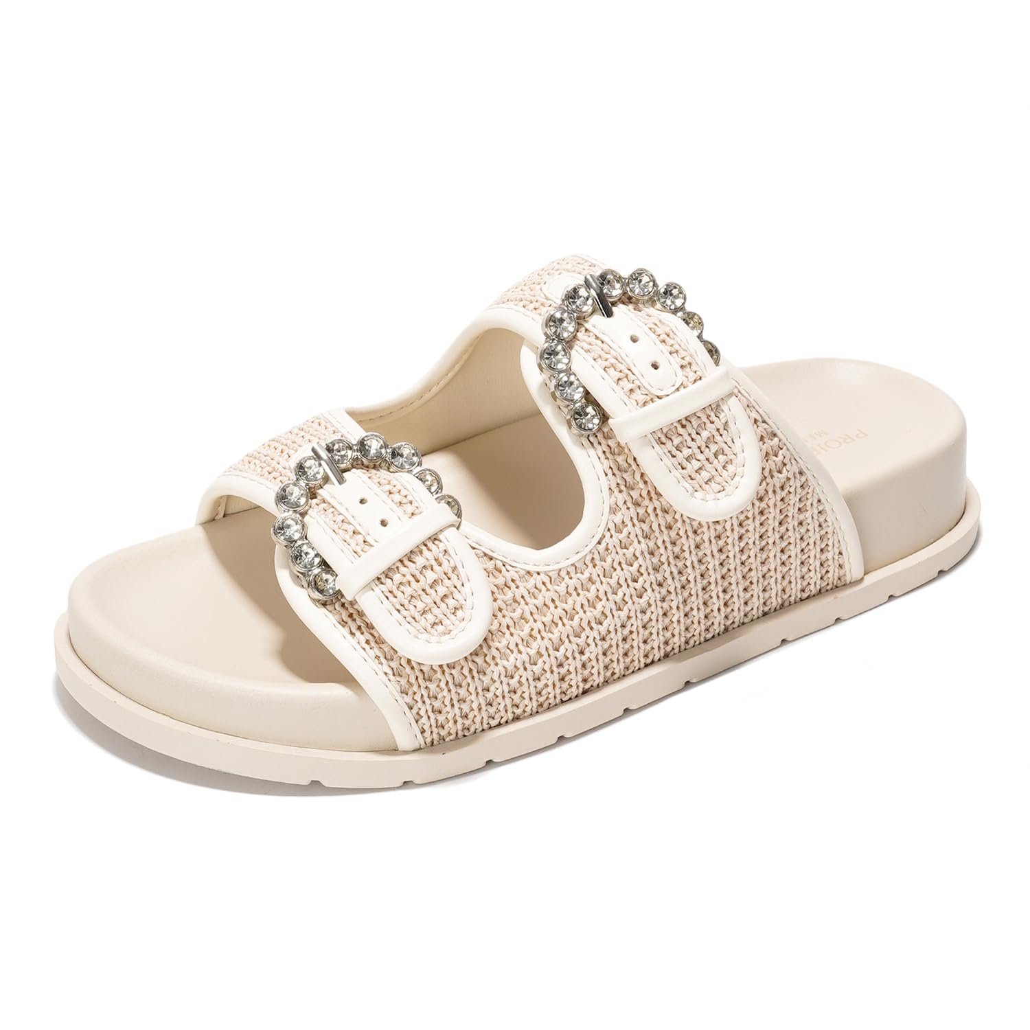 Sharl Cream Slides with Rhinestone Buckles, memory foam insole, woven straps.