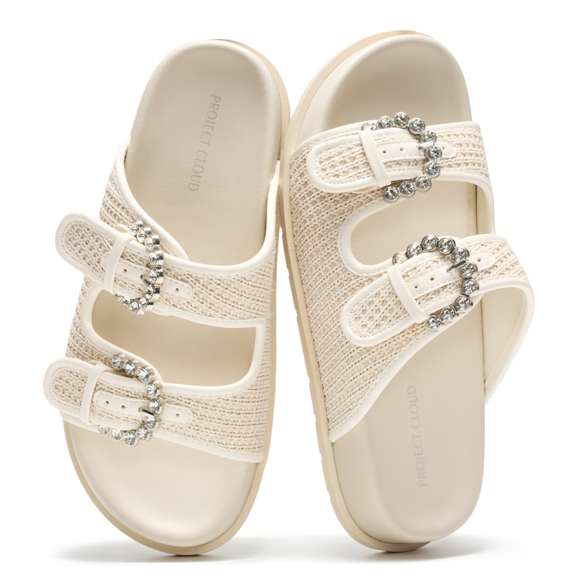 Project Cloud Sharl Slides: Cream sandals with rhinestone buckles, memory foam, woven straps. Summer style.