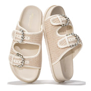 Project Cloud Sharl Slides: Cream sandals with rhinestone buckles, memory foam, woven straps. Summer style.