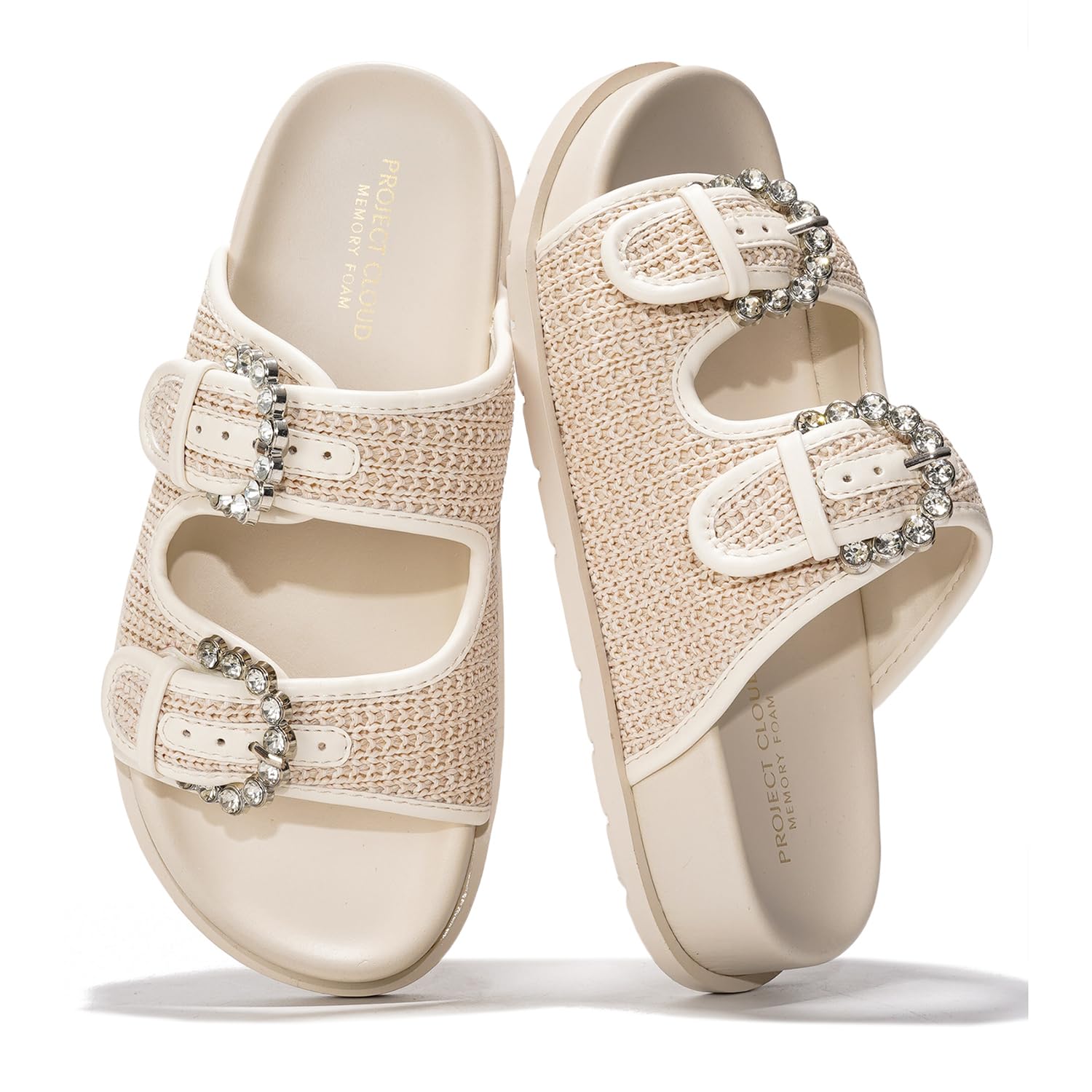 Project Cloud Sharl Slides: Cream sandals with rhinestone buckles, memory foam, woven straps. Summer style.