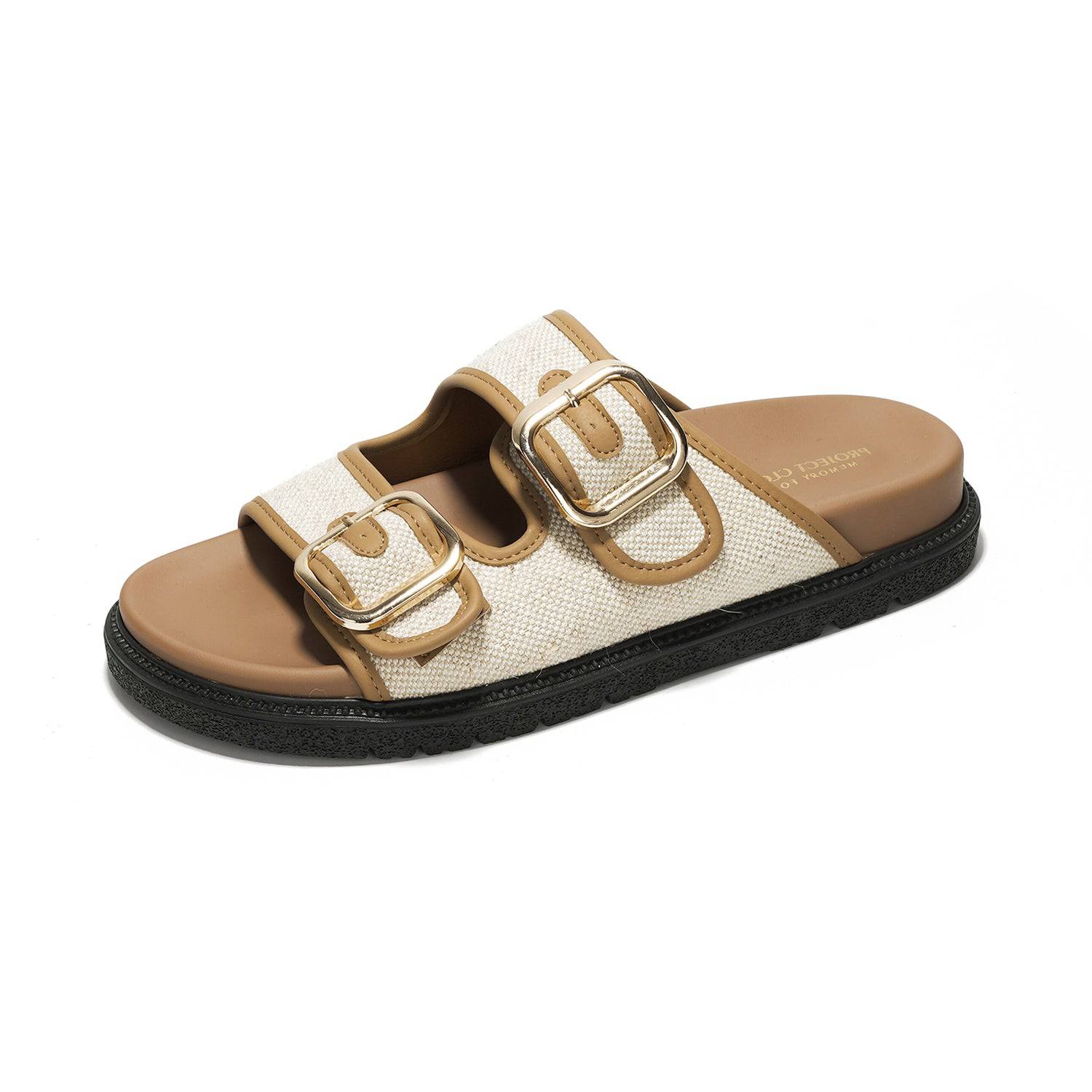 Project Cloud Sharl Slides: Beige woven sandals with gold buckles, comfortable summer slides with memory foam insole
