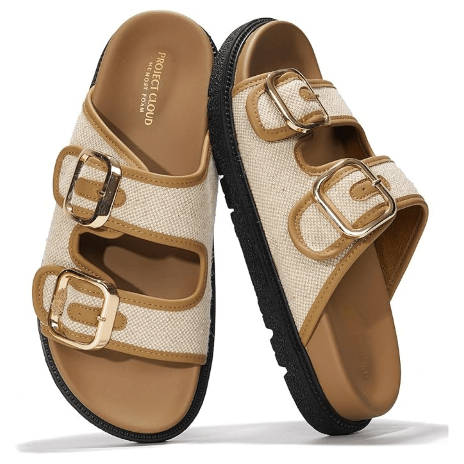 Project Cloud Beige Canvas Slides with Gold Buckles and Memory Foam Insole.