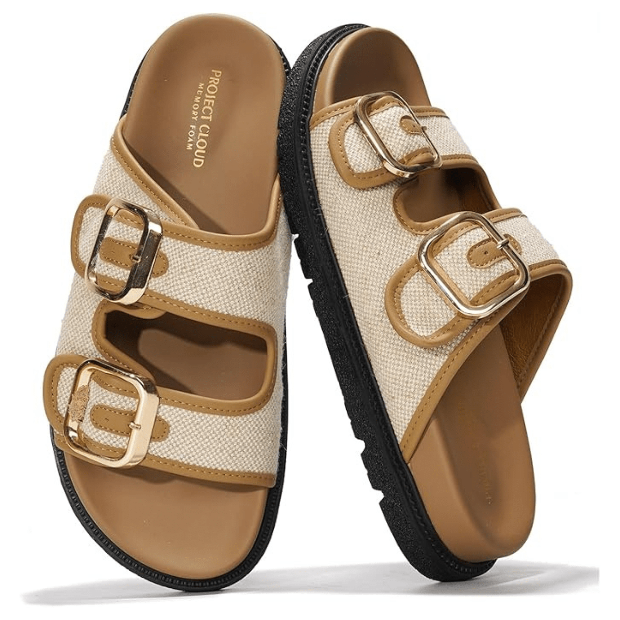 Project Cloud Beige Canvas Slides with Gold Buckles and Memory Foam Insole.