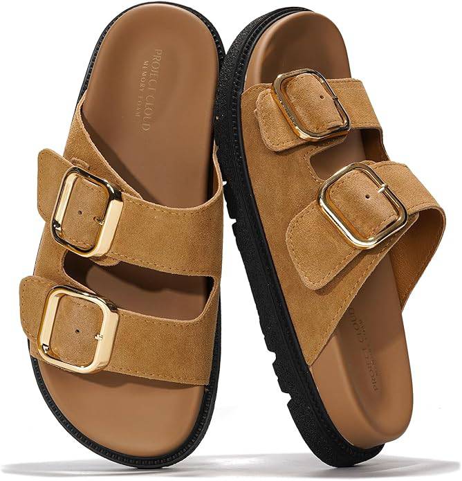 Project Cloud Sharl Slides: Beige suede platform sandals with gold buckles and memory foam insole, summer slides