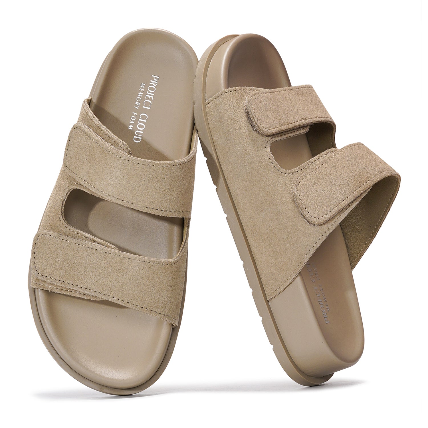 Project Cloud Sleek Platform Sandals for Women in Beige Suede, Memory Foam Comfort