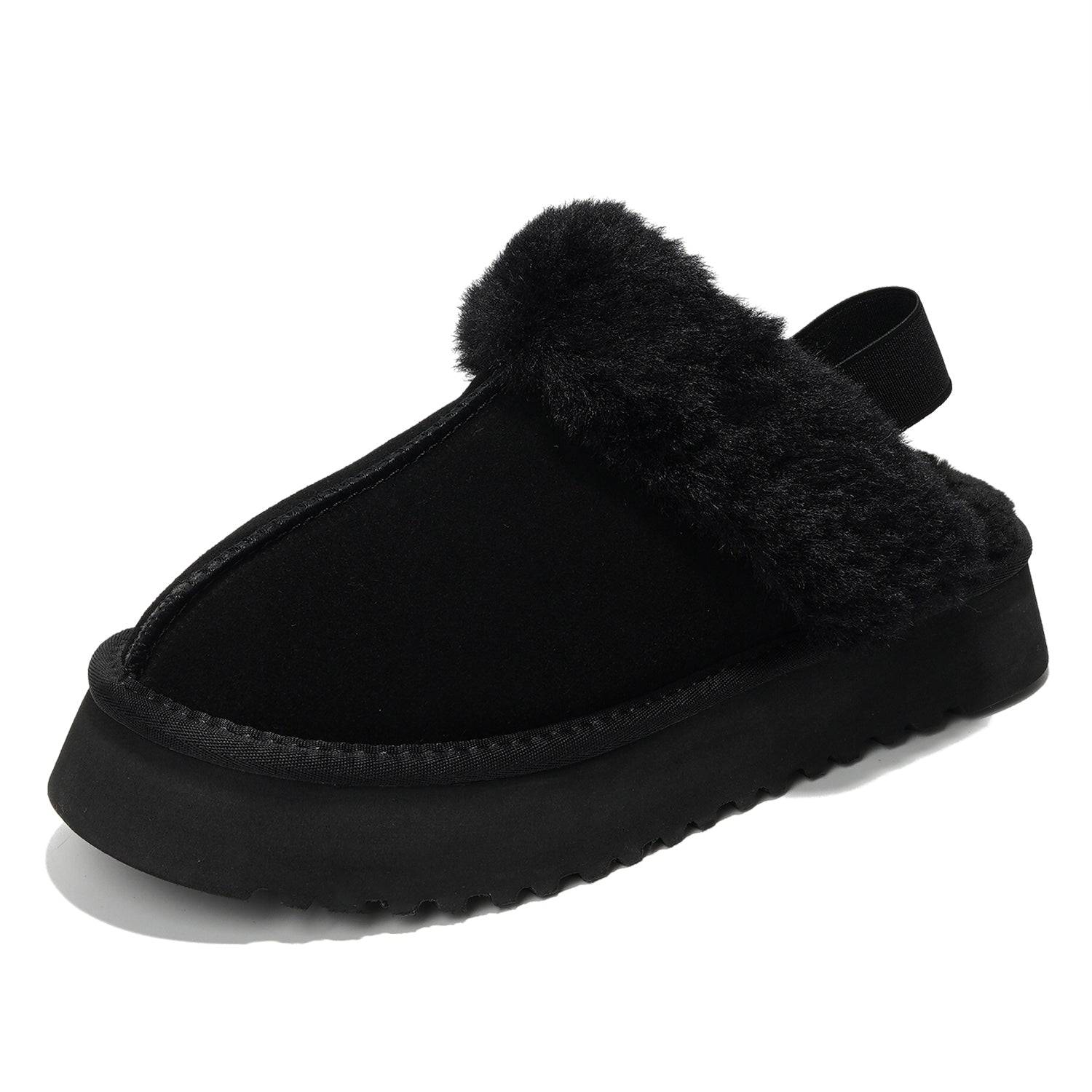 Black Slingy Suede Slippers for Women with fur lining, elastic strap, and EVA outsole.