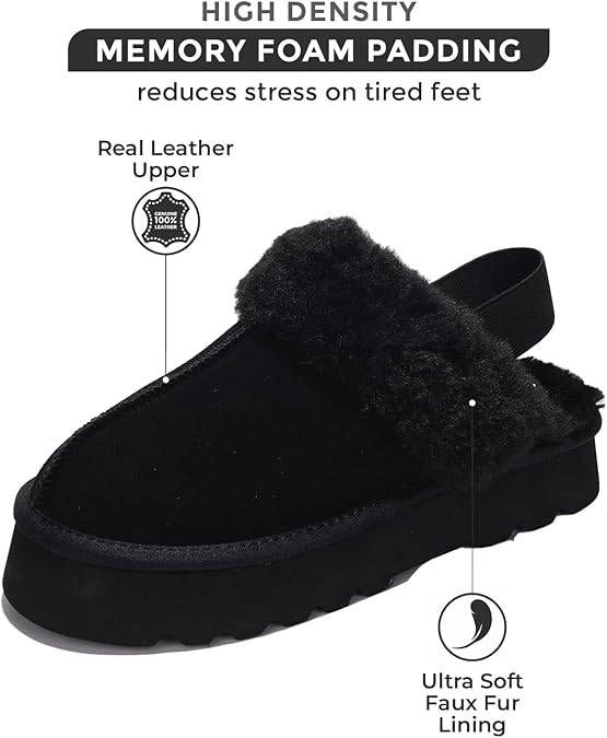 Black Slingy Suede Slipper for women with Memory Foam Padding, Real Leather Upper, and Ultra Soft Faux Fur Lining.