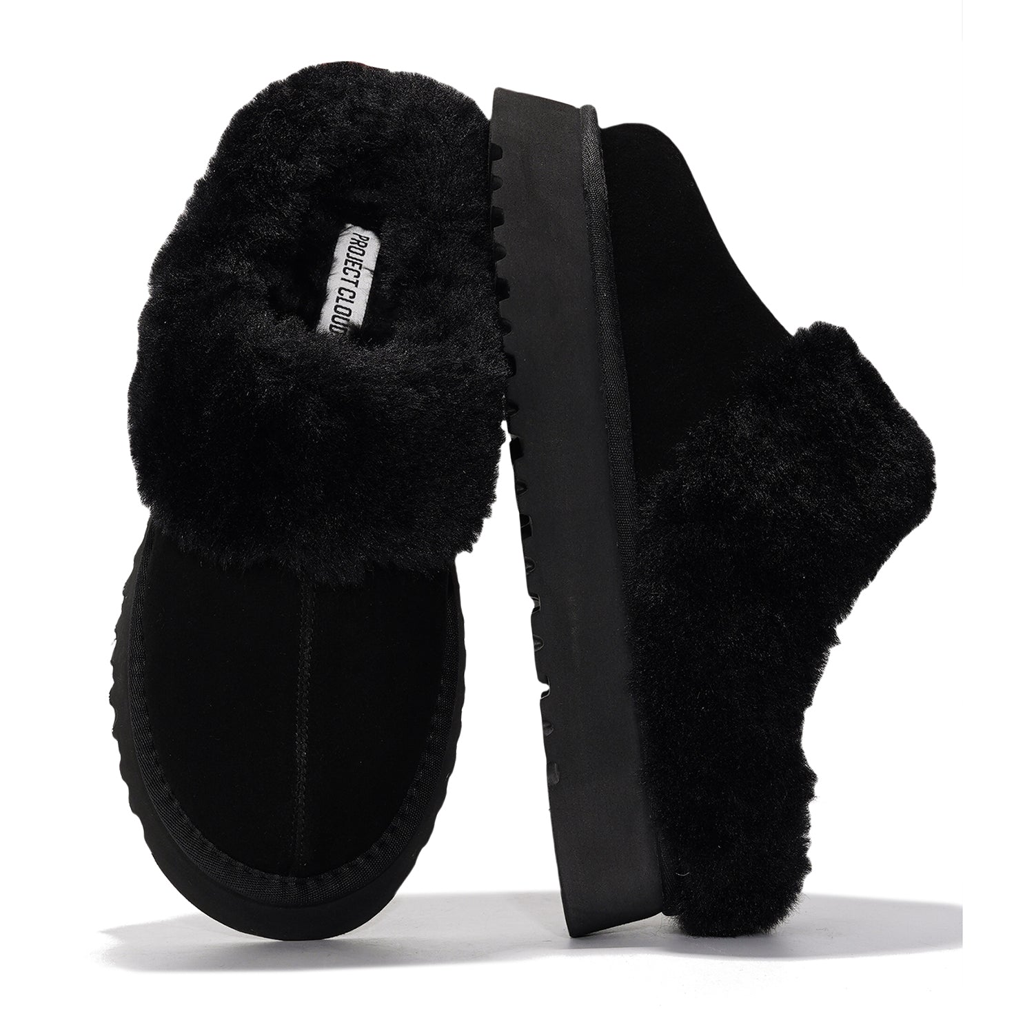Project Cloud Snowy Women's Black Suede Platform Slippers with Fur Lining