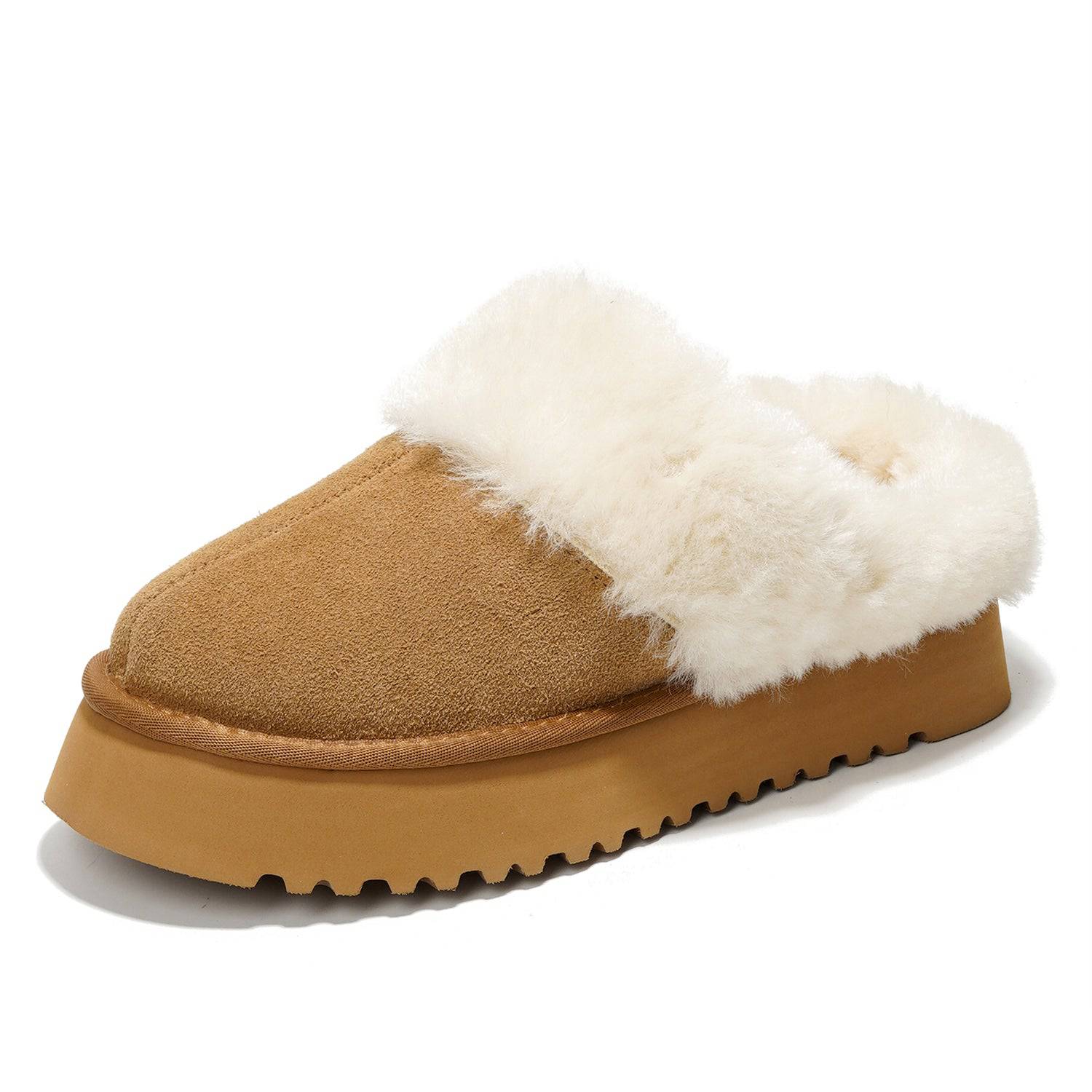 Project Cloud Snowy suede platform slippers with fur lining and memory foam for women.