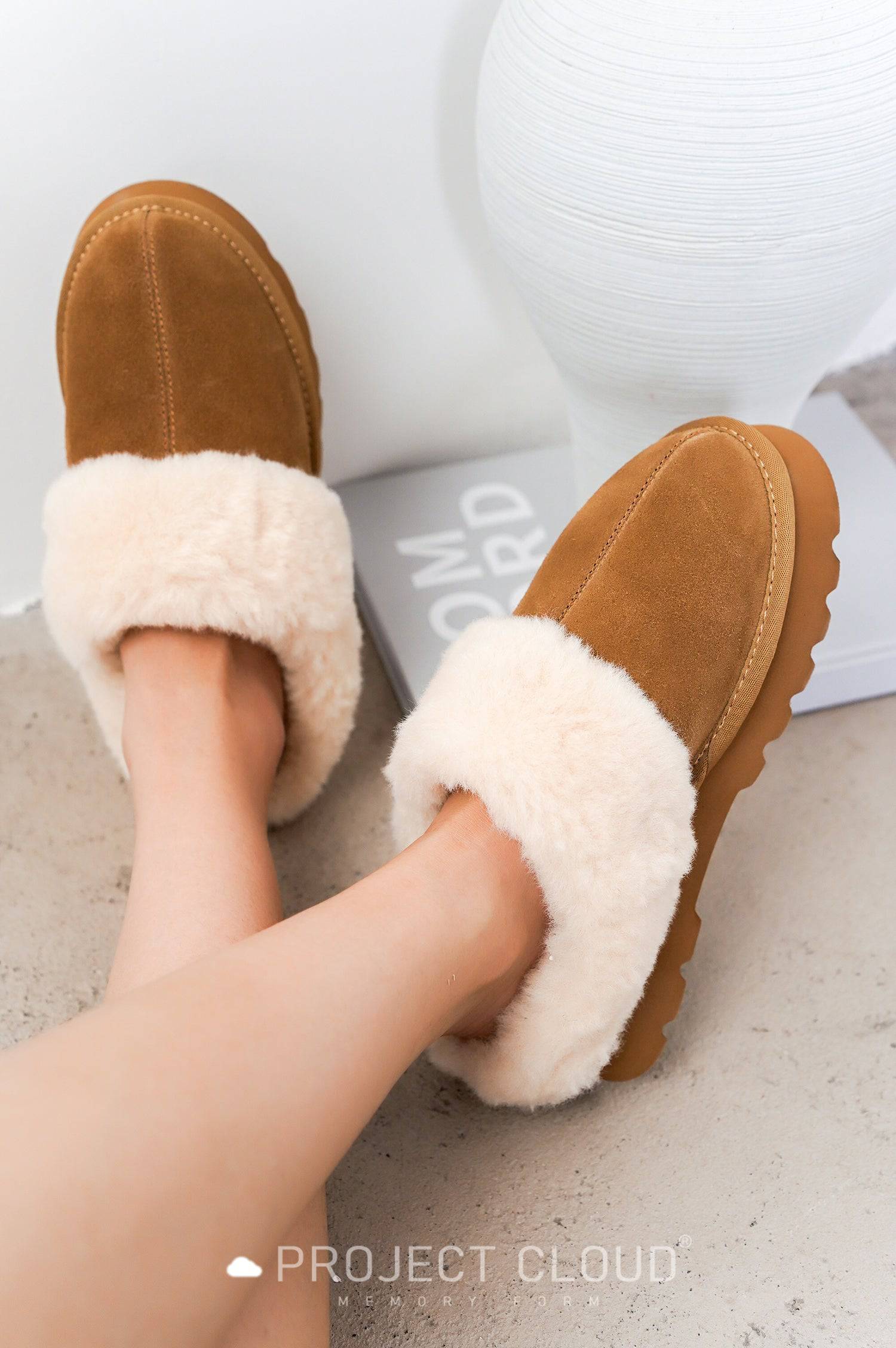 Project Cloud Snowy Platform Slippers, women's brown suede with fluffy fur lining and memory foam insole for comfort.