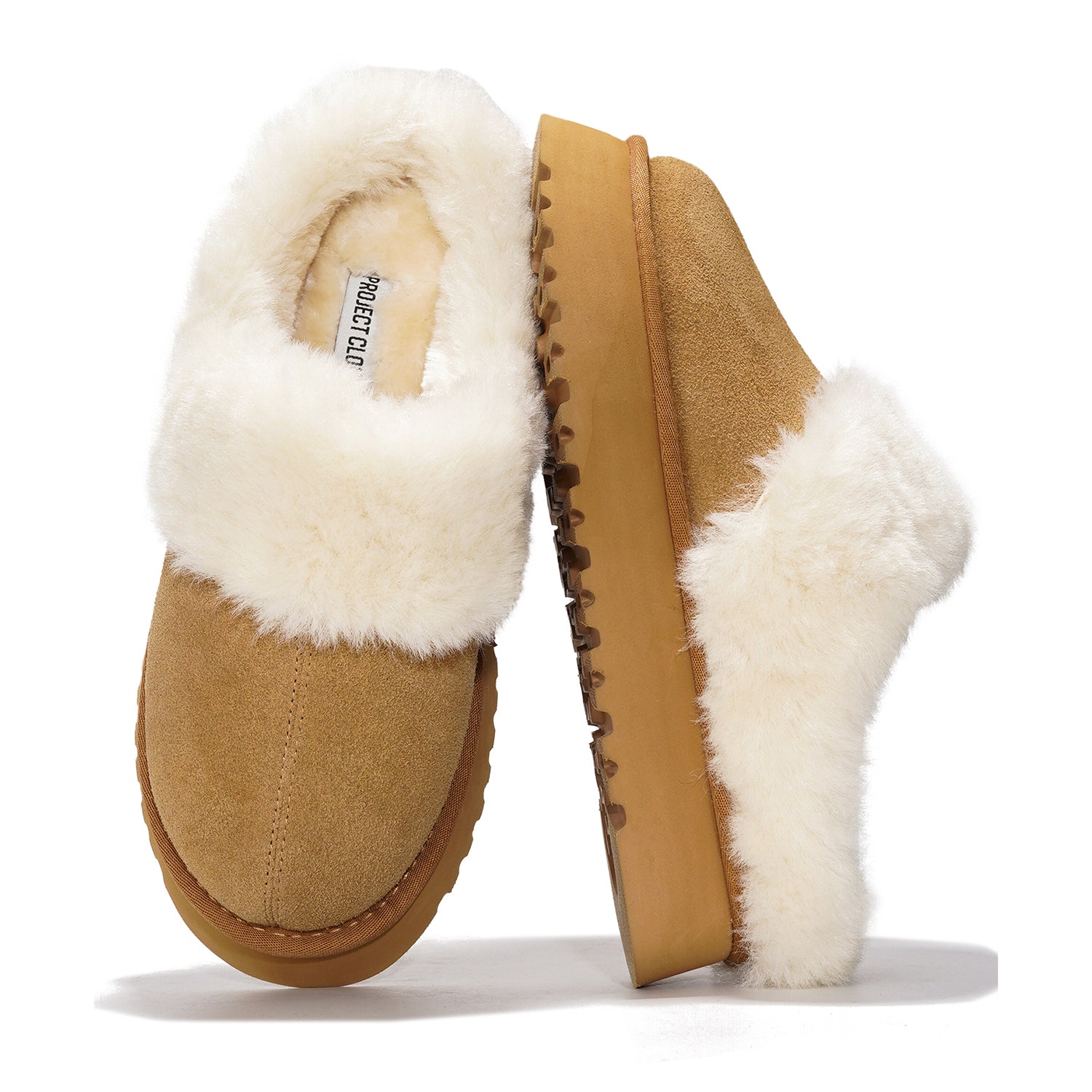 Project Cloud Snowy Platform Slippers in brown suede with white fuzzy lining. Features memory foam insole for comfort.