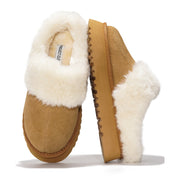 Project Cloud Snowy Platform Slippers in brown suede with white fuzzy lining. Features memory foam insole for comfort.
