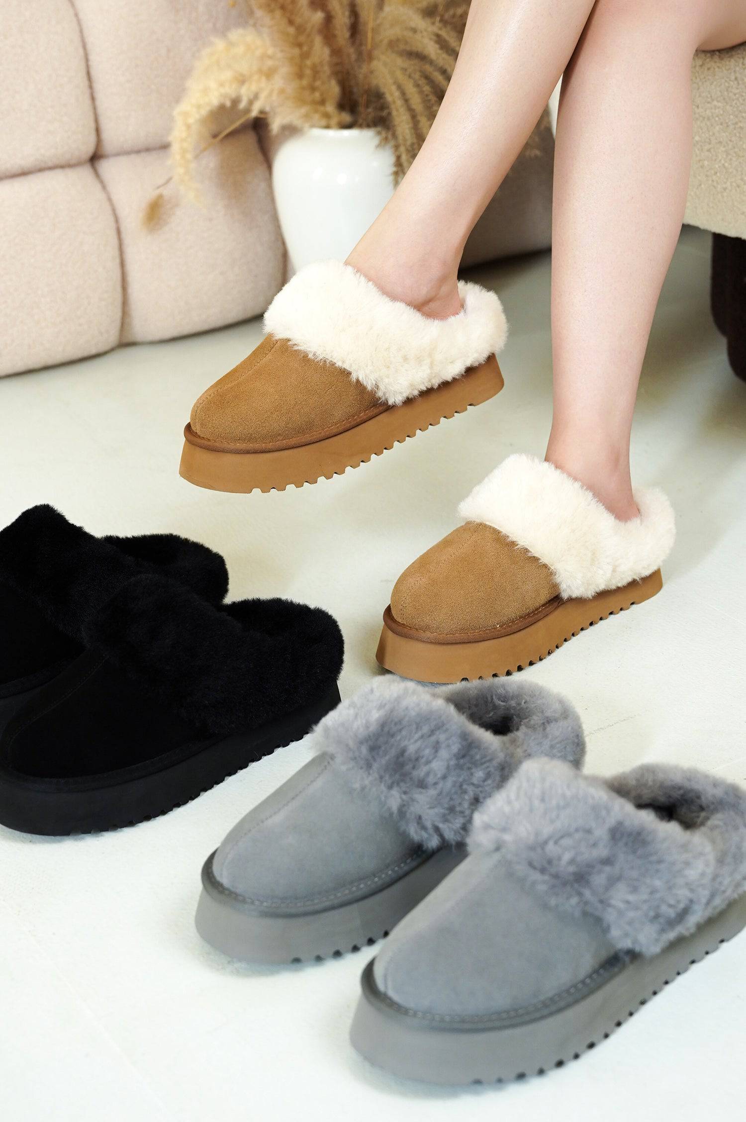 Project Cloud Snowy Platform Slippers in brown suede with white fur lining, alongside black and gray suede slipper options