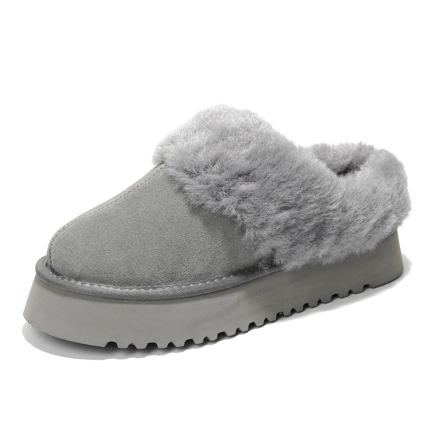 Project Cloud Snowy Platform Suede Slippers in gray with fluffy fur lining.