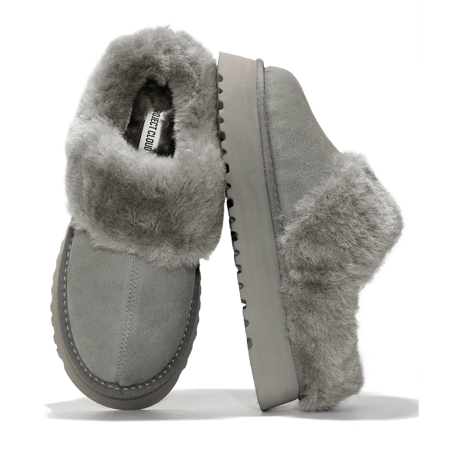 Project Cloud Snowy Platform Suede Slippers in gray with fur lining, featuring memory foam insole for comfort.