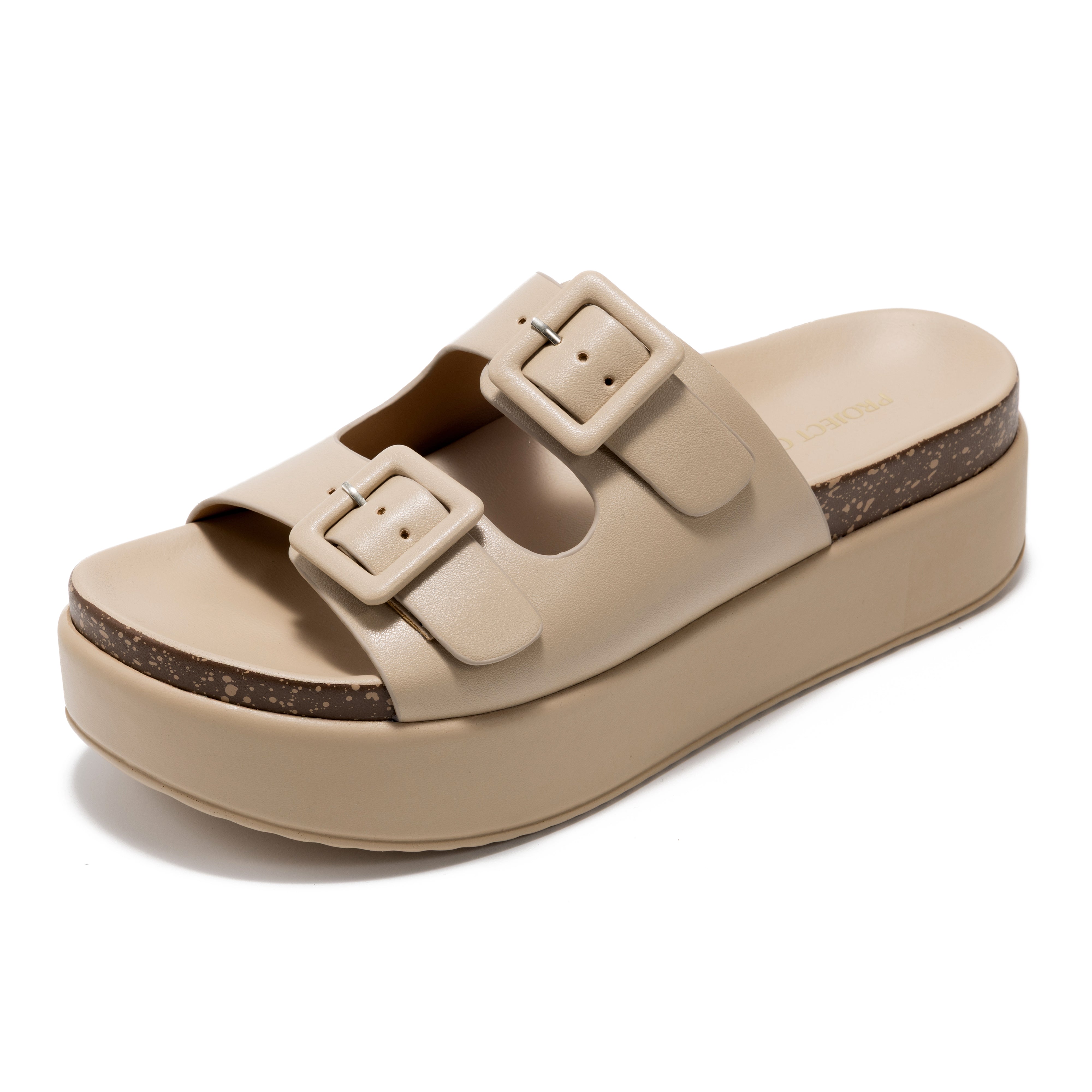 Project Cloud Softy platform sandals in beige eco-leather with buckle detail, featuring ProjectPlush memory foam
