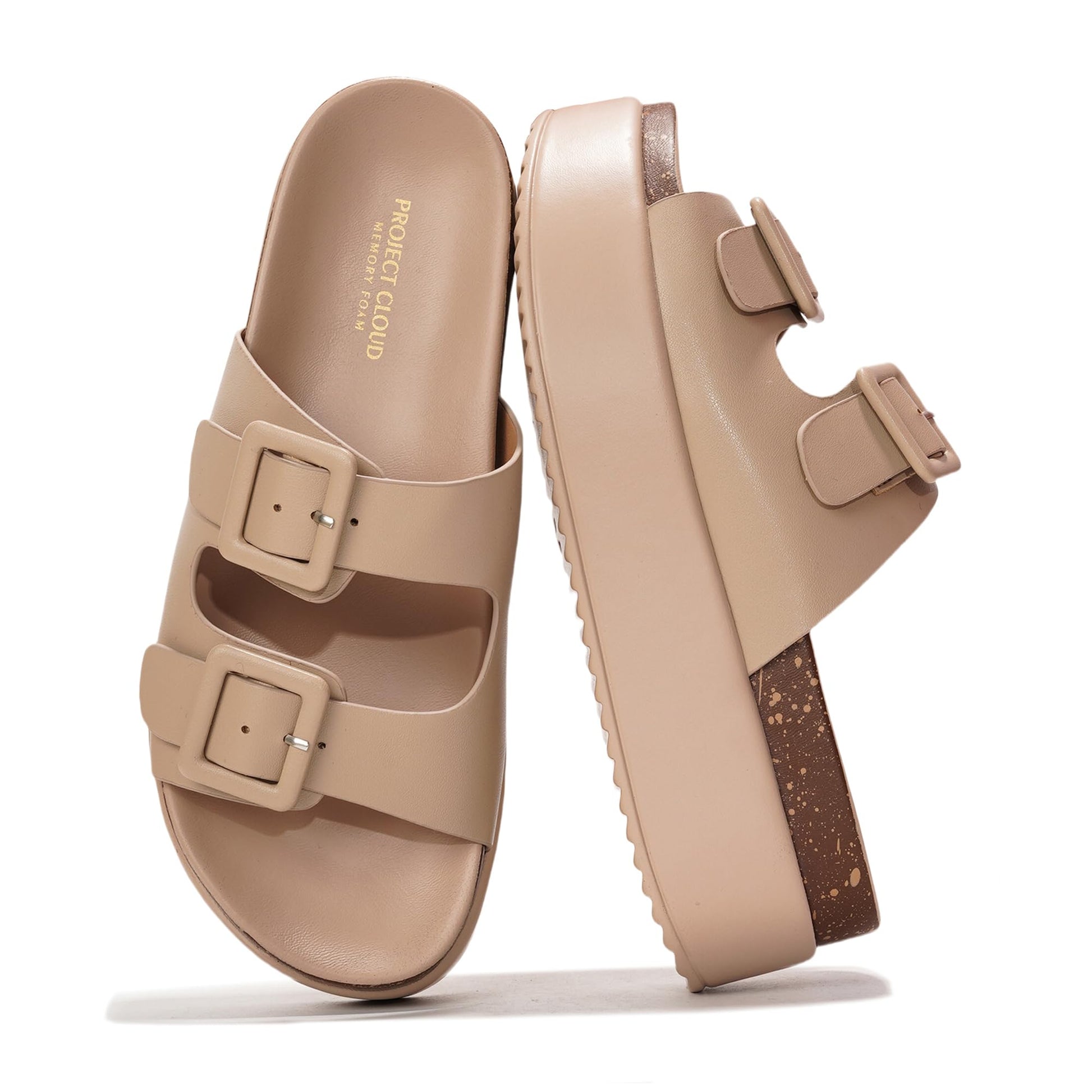 Project Cloud "Softy" platform sandals in beige vegan leather with ProjectPlush memory foam and buckle detail.