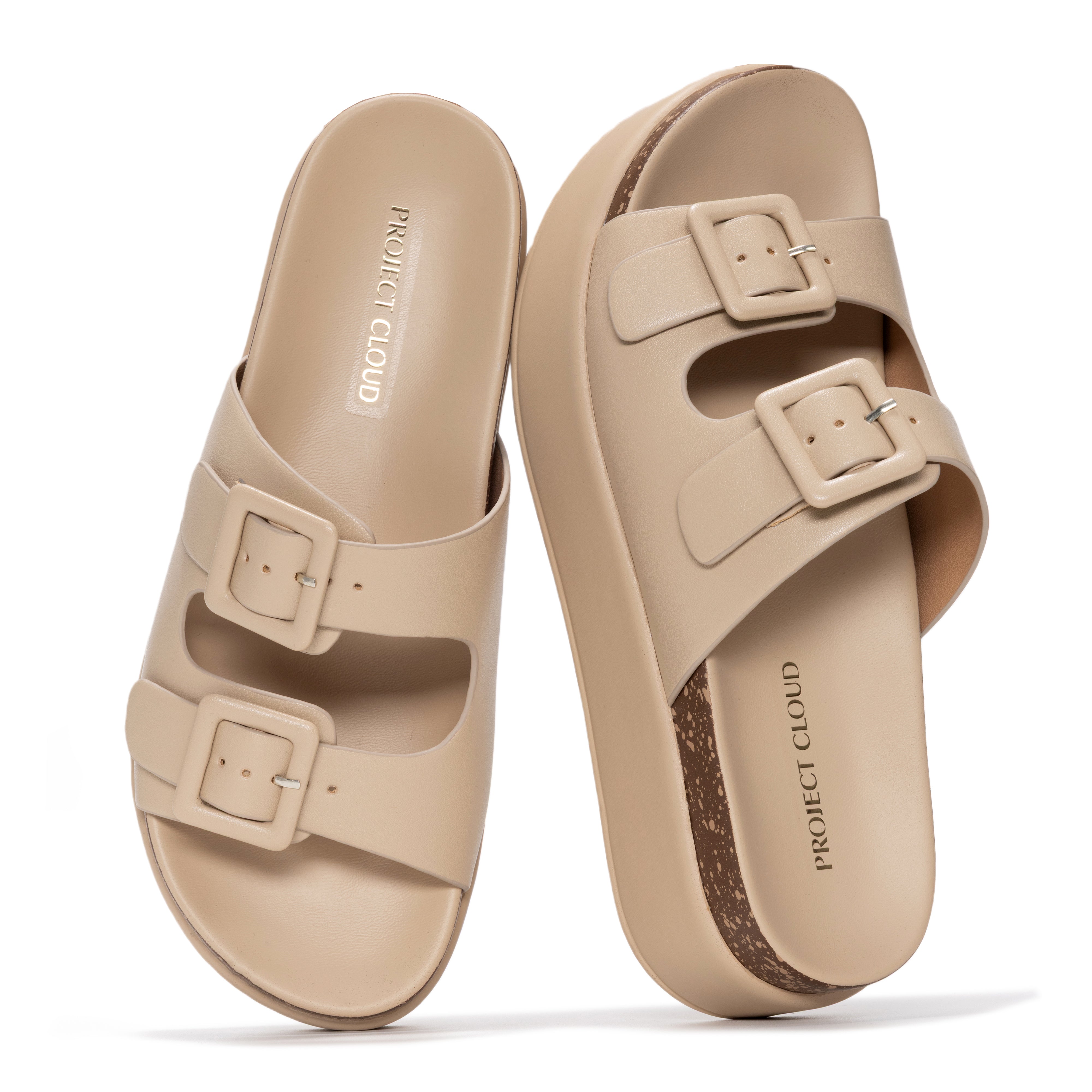 Project Cloud "Softy" platform sandals in beige eco-leather with ProjectPlush memory foam and buckle detail.