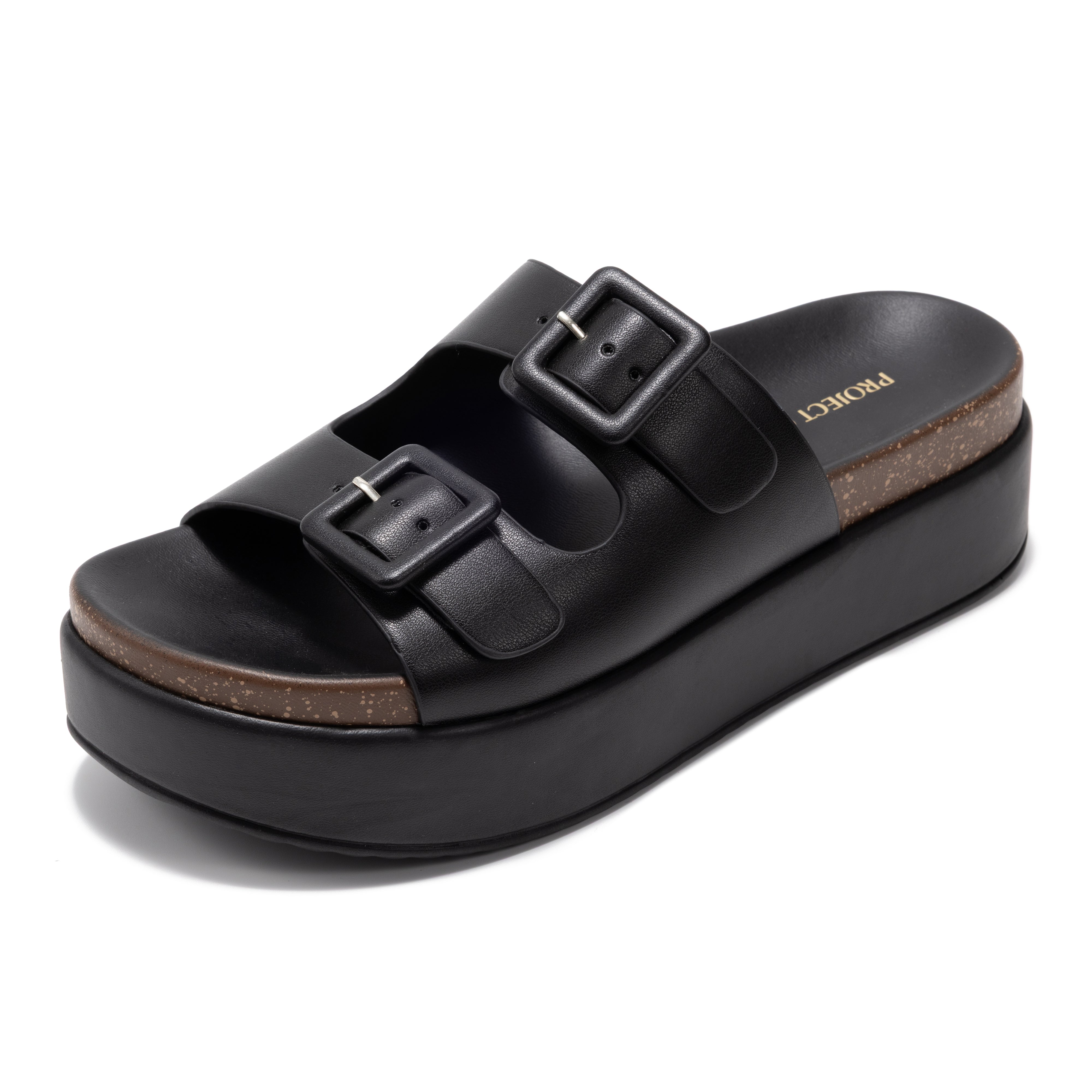 Project Cloud Softy black eco-leather platform sandals with buckle detail and ProjectPlush memory foam footbed.