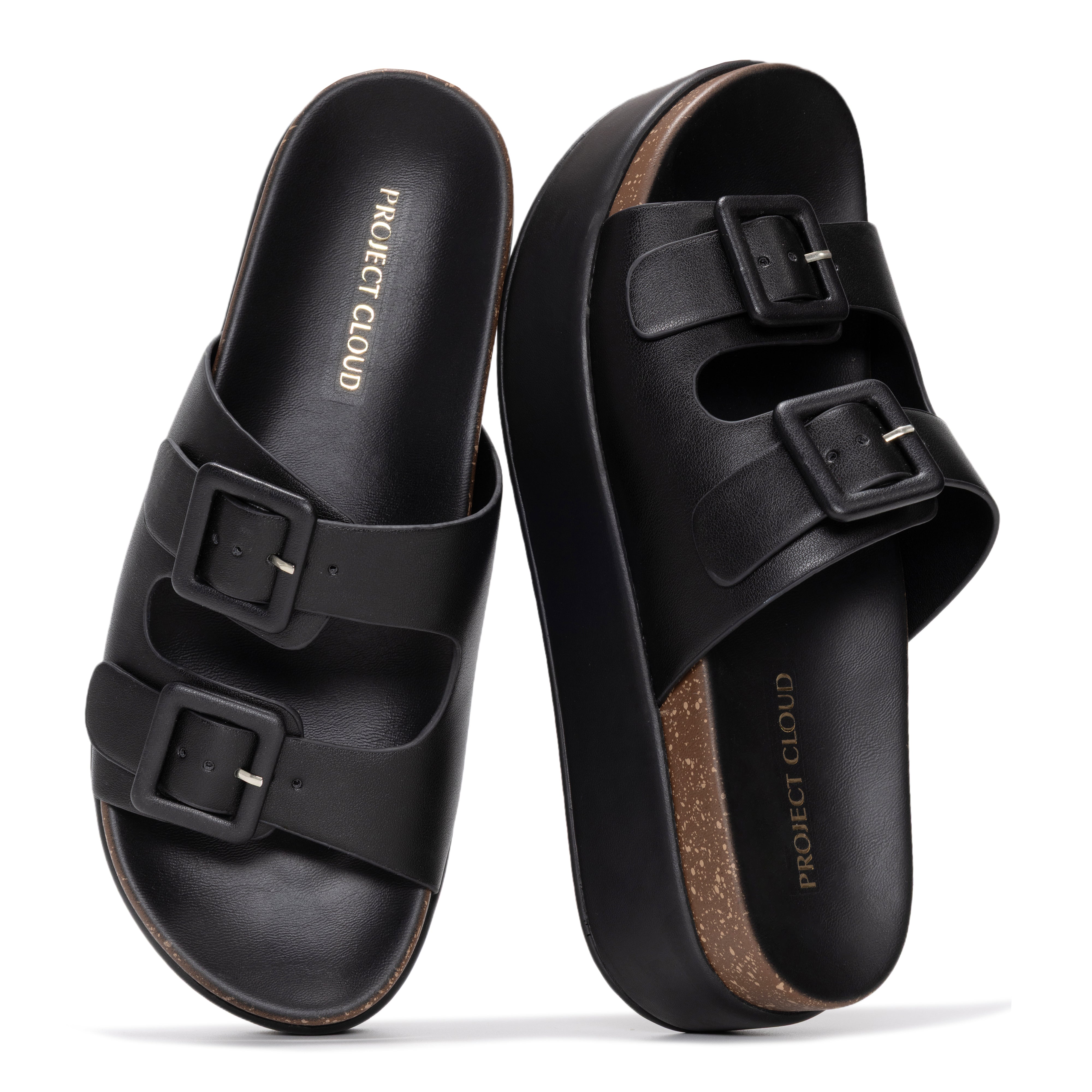 Project Cloud Softy black eco-leather platform sandals with buckle detail, featuring ProjectPlush memory foam footbed.