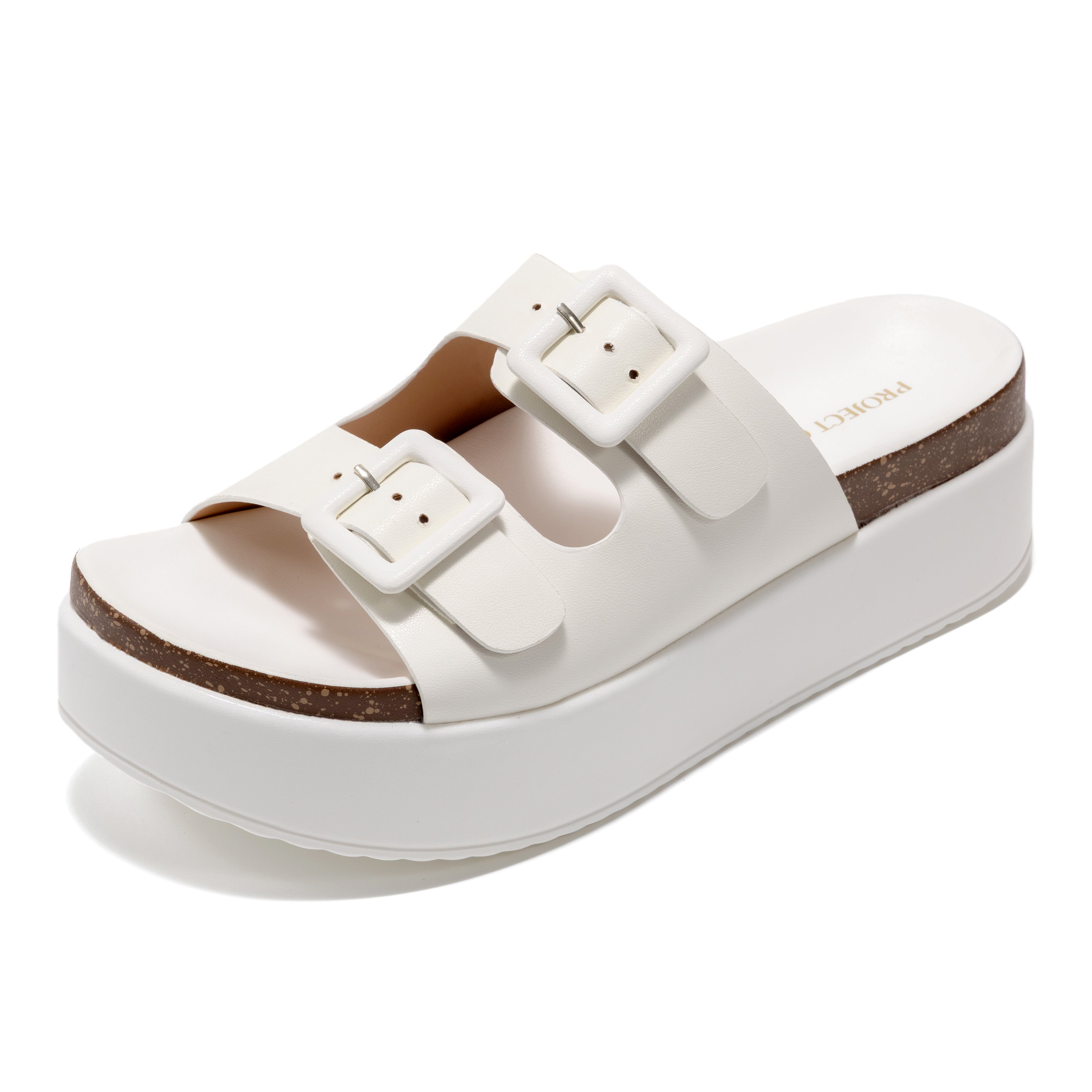 Project Cloud Softy white eco-leather platform sandals with buckle detail, ProjectPlush memory foam footbed, cork insole