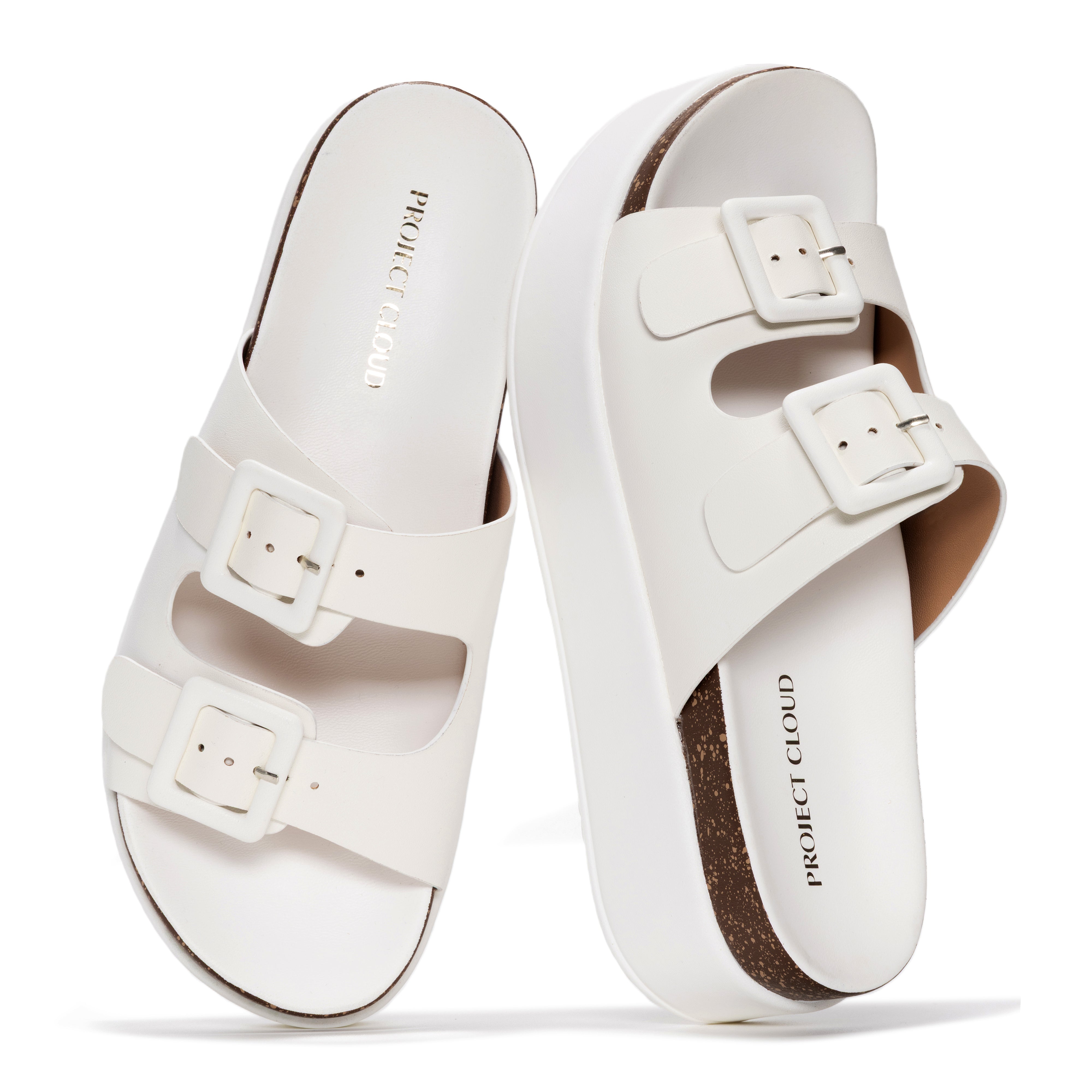 Project Cloud "Softy" white eco-leather platform sandals with buckle detail and ProjectPlush memory foam footbed