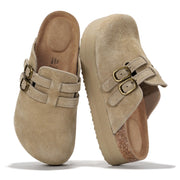 Project Cloud Stephi clogs in taupe suede with double buckle detail, platform sole, and memory foam insole for women