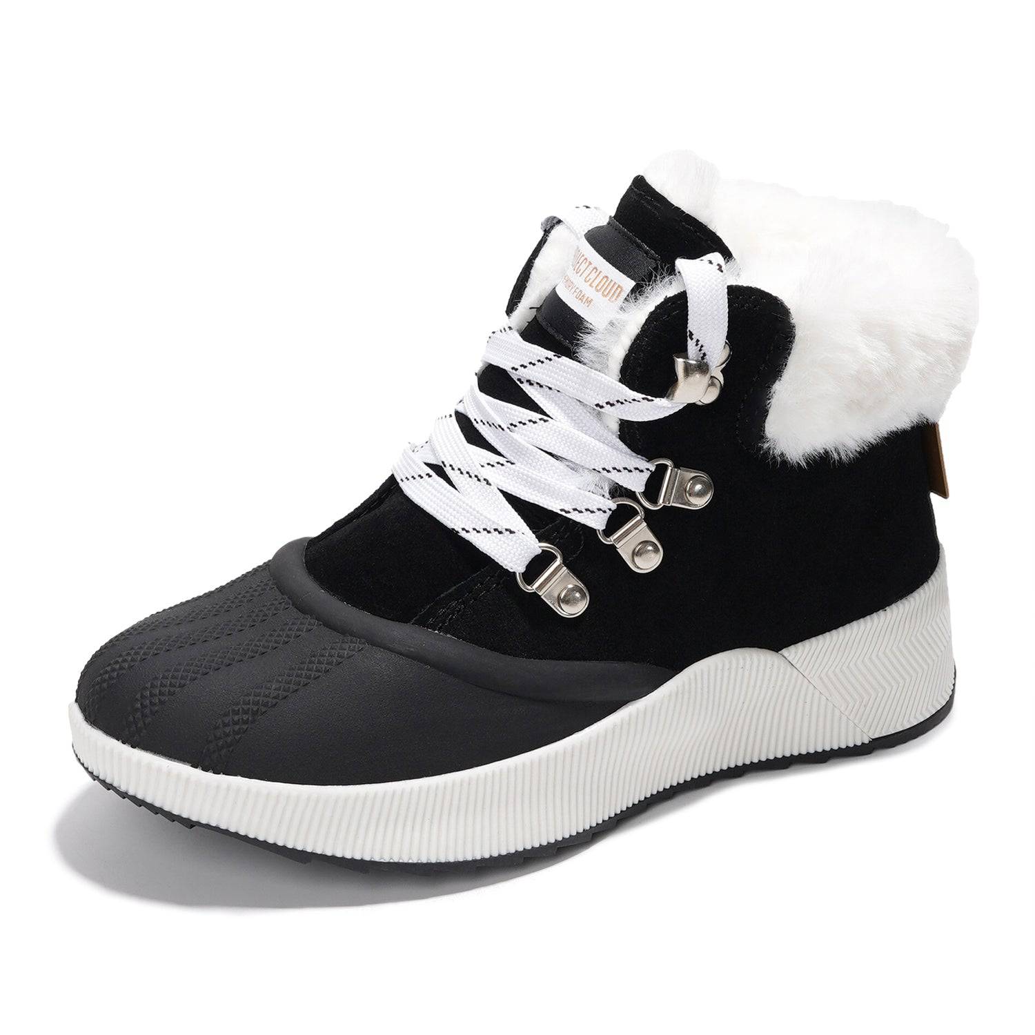 Project Cloud Terina Boots: Black waterproof boots with white faux fur trim, laces and a white sole
