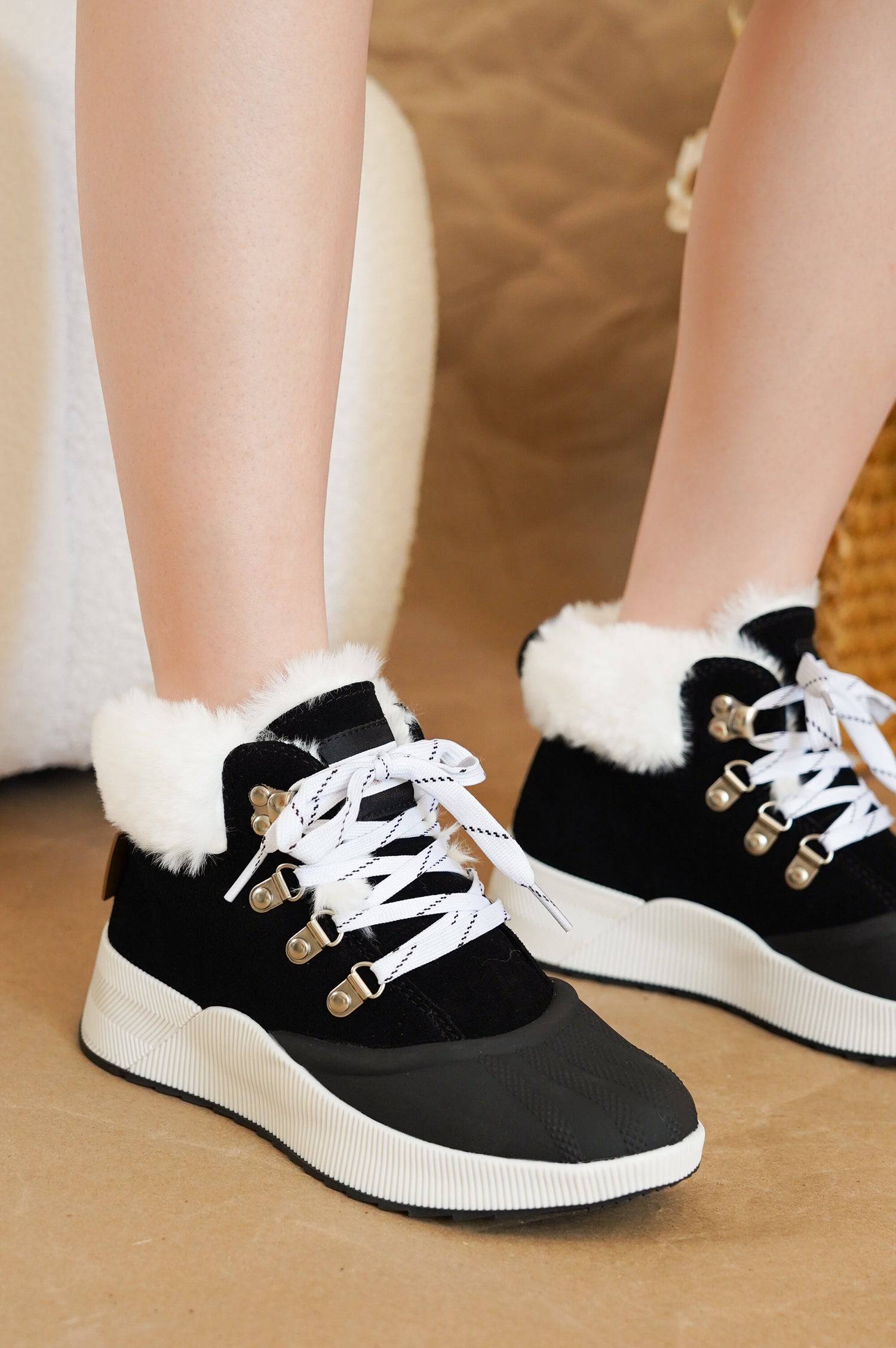 Project Cloud Terina Boots: Black suede waterproof boots with white faux fur trim and laces, memory foam comfort