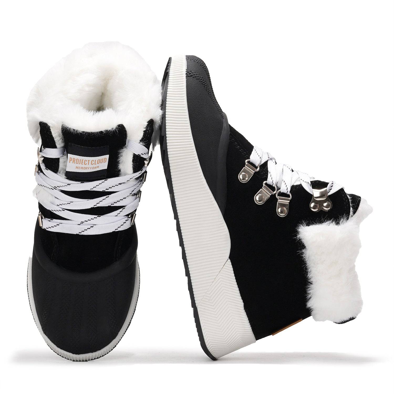 Project Cloud Terina boots in black suede with white faux fur lining and laces, memory foam comfort