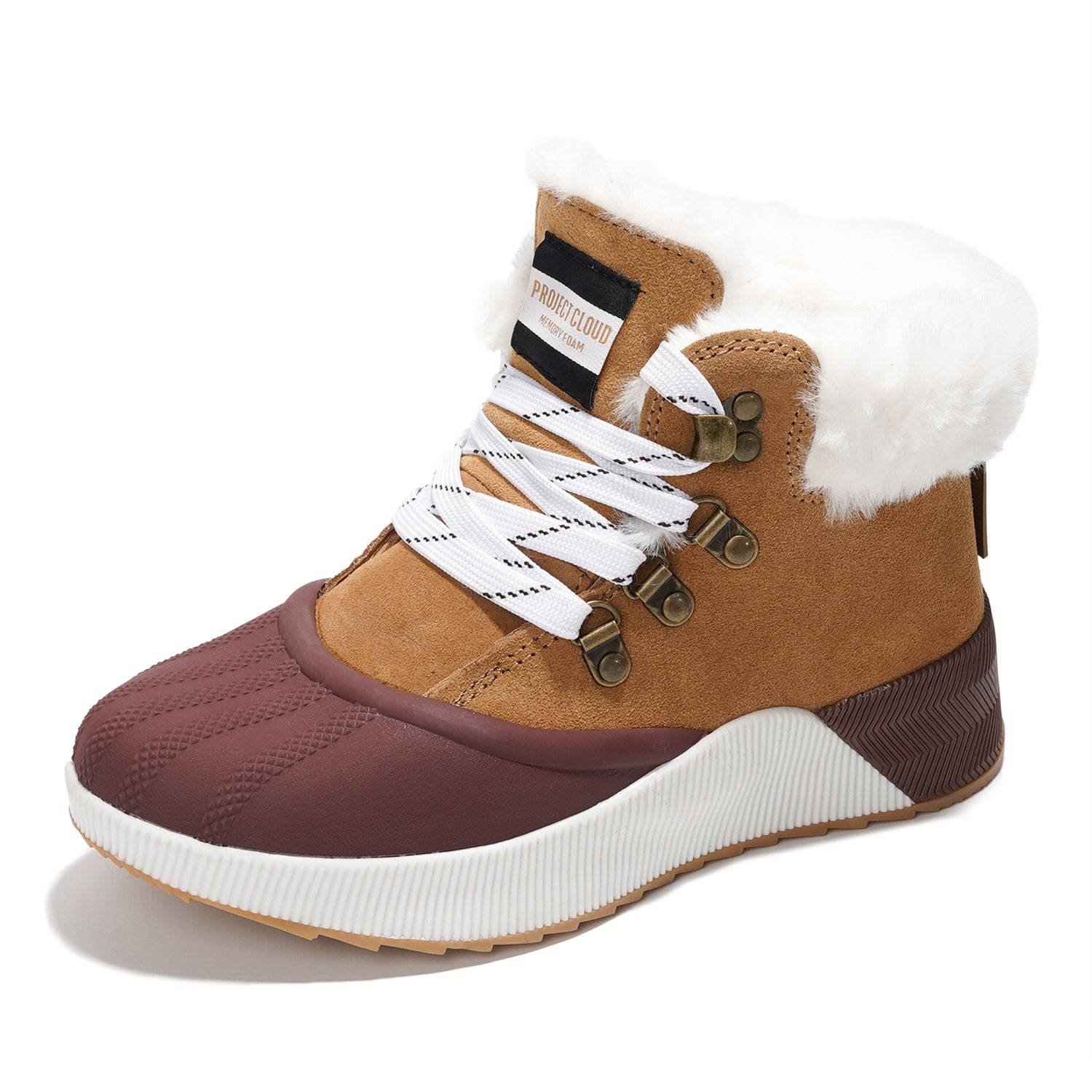 Project Cloud Terina Boots: Women's waterproof, insulated boots with brown suede upper, white laces and faux fur trim.