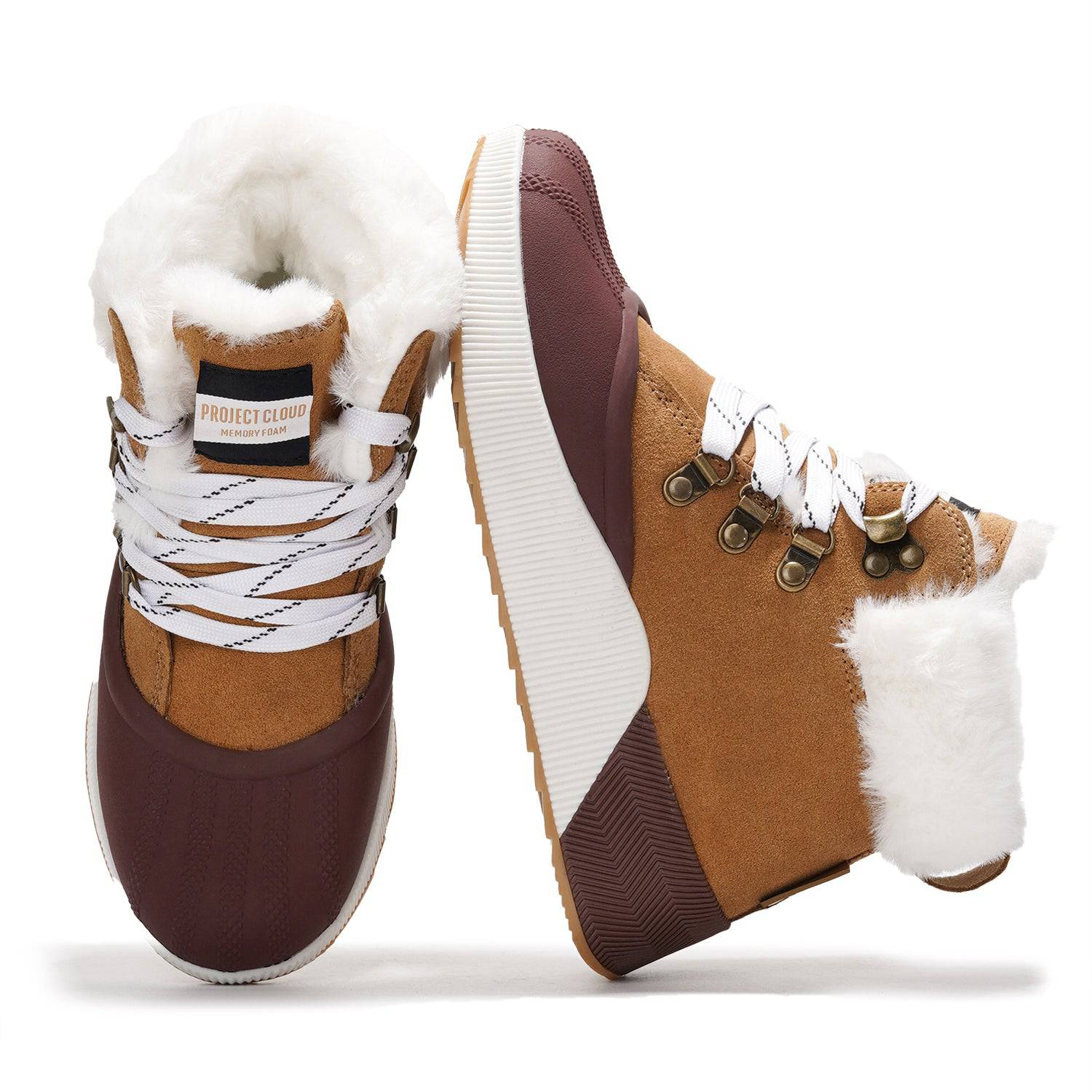 Project Cloud Terina Boots: Waterproof, insulated women's boots in brown suede with faux fur lining and white laces.