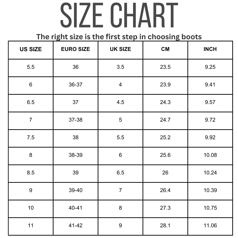 Project Cloud Terina Boot Size Chart: US, Euro, UK, CM, Inch sizes for boots.