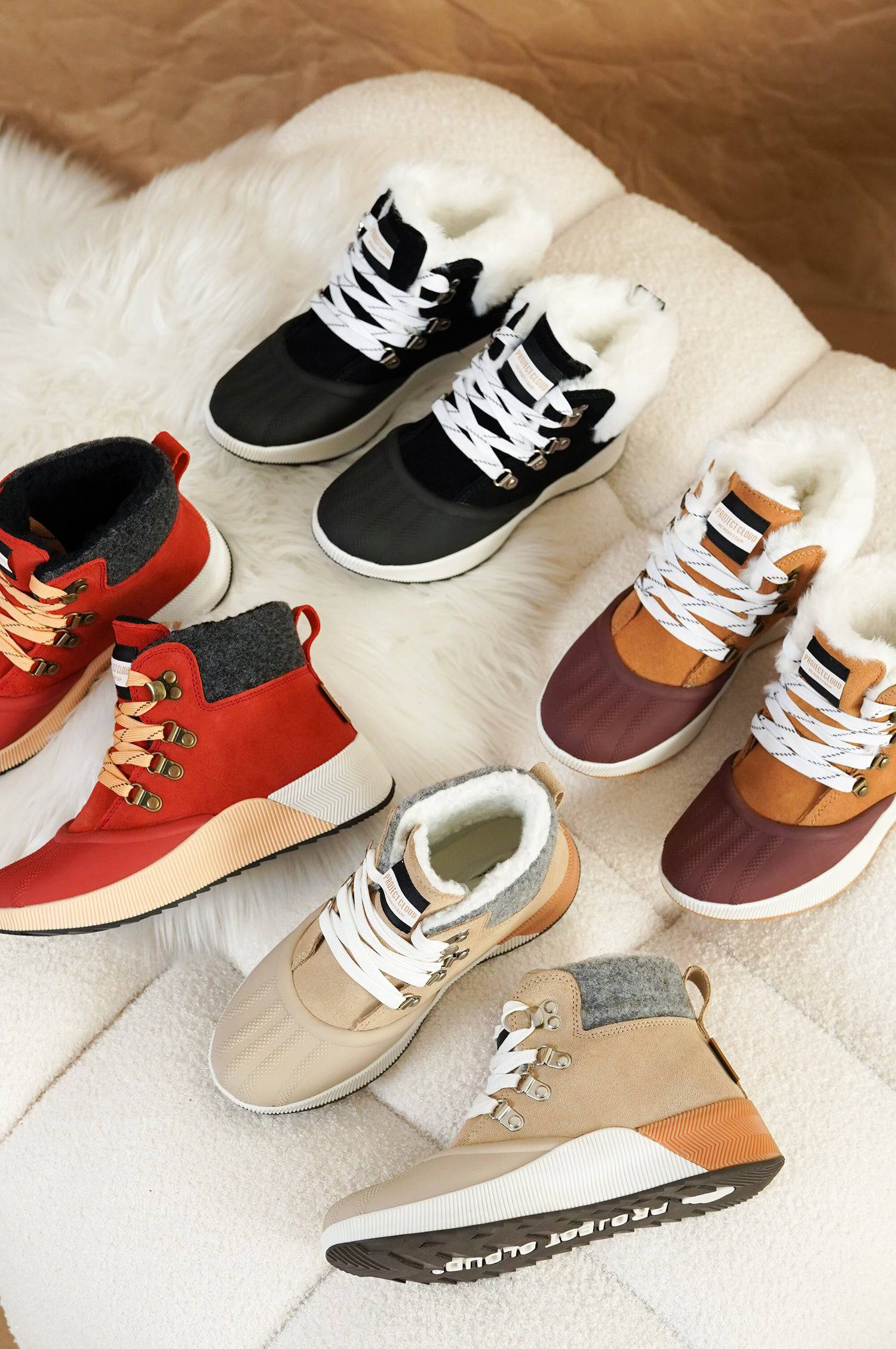 Project Cloud Terina Boots: Waterproof insulated women's boots in multiple colors, white laces, and faux fur trim.